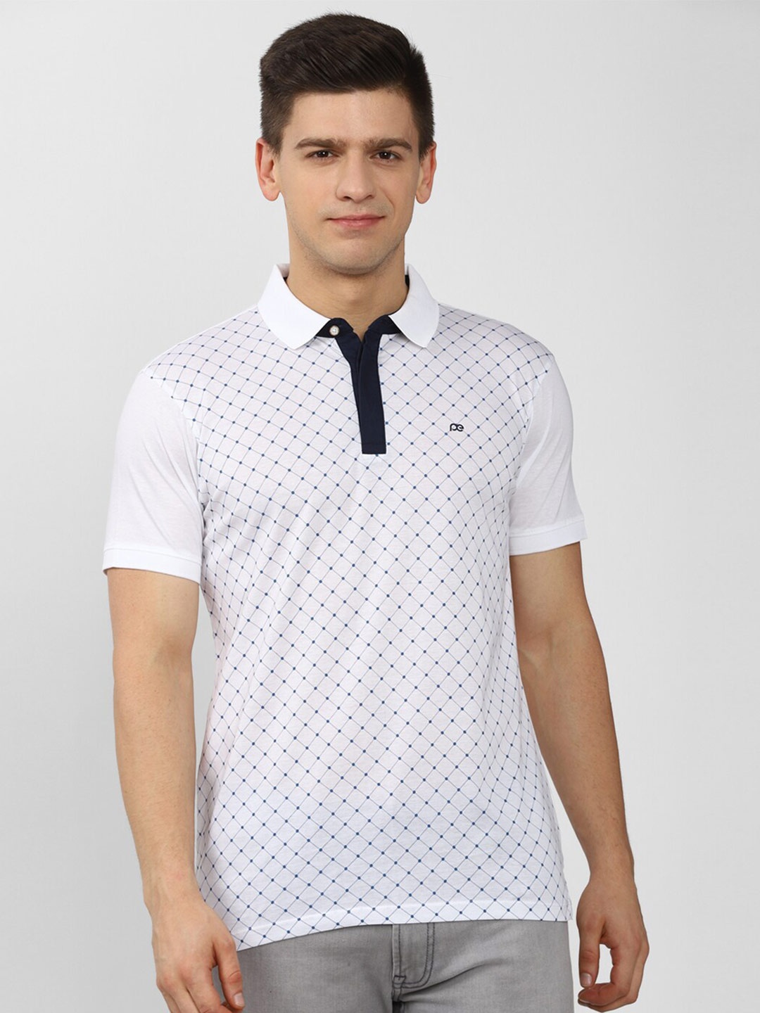 

Peter England Casuals Men White Printed Cotton Polo Collar Slim Fit T-shirt