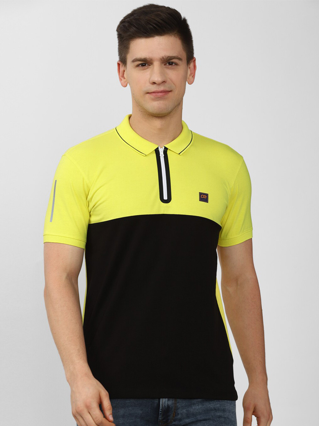 

Peter England Casuals Men Black & Yellow Colourblocked Polo Collar Slim Fit T-shirt