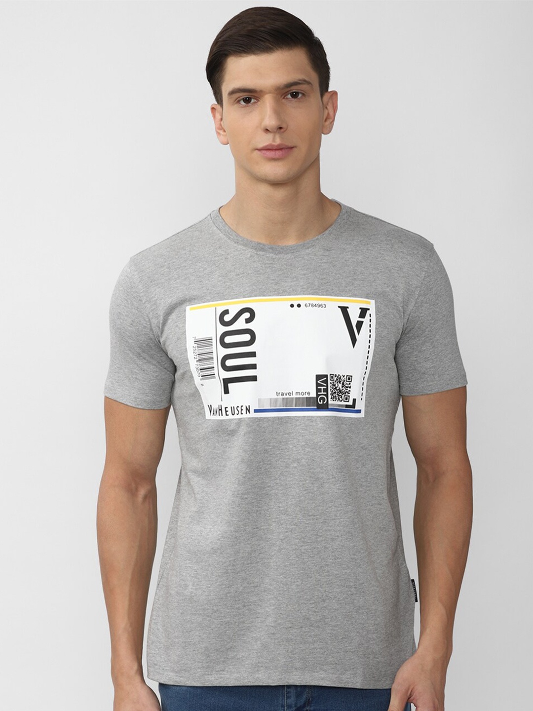 

V Dot Men Grey Typography Printed Cotton Slim Fit T-shirt