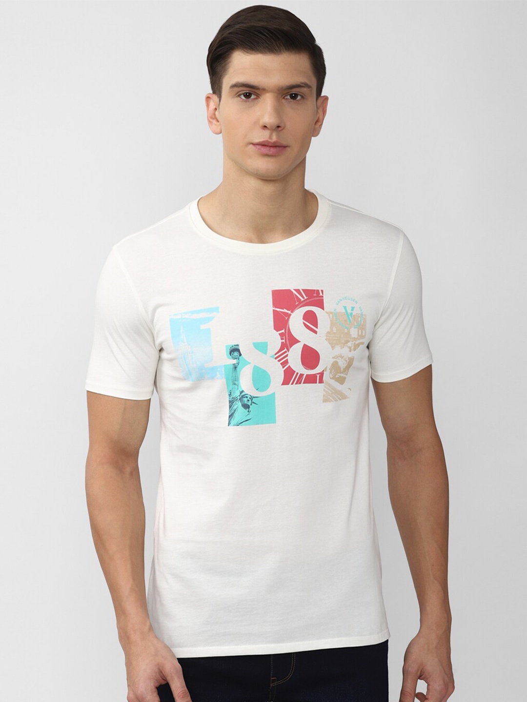 

V Dot Men White Printed Slim Fit 100% Cotton T-shirt