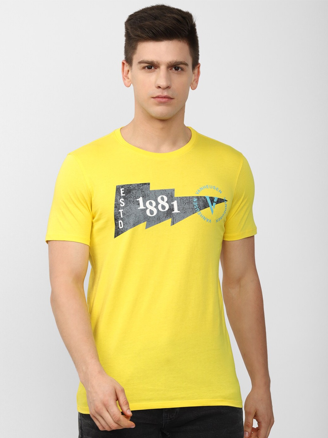 

V Dot Men Yellow & Grey Printed Slim Fit T-shirt