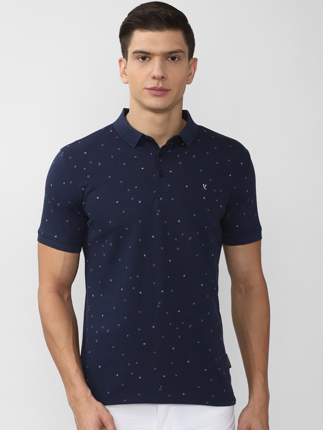 

V Dot Men Navy Blue Printed Polo Collar Slim Fit T-shirt