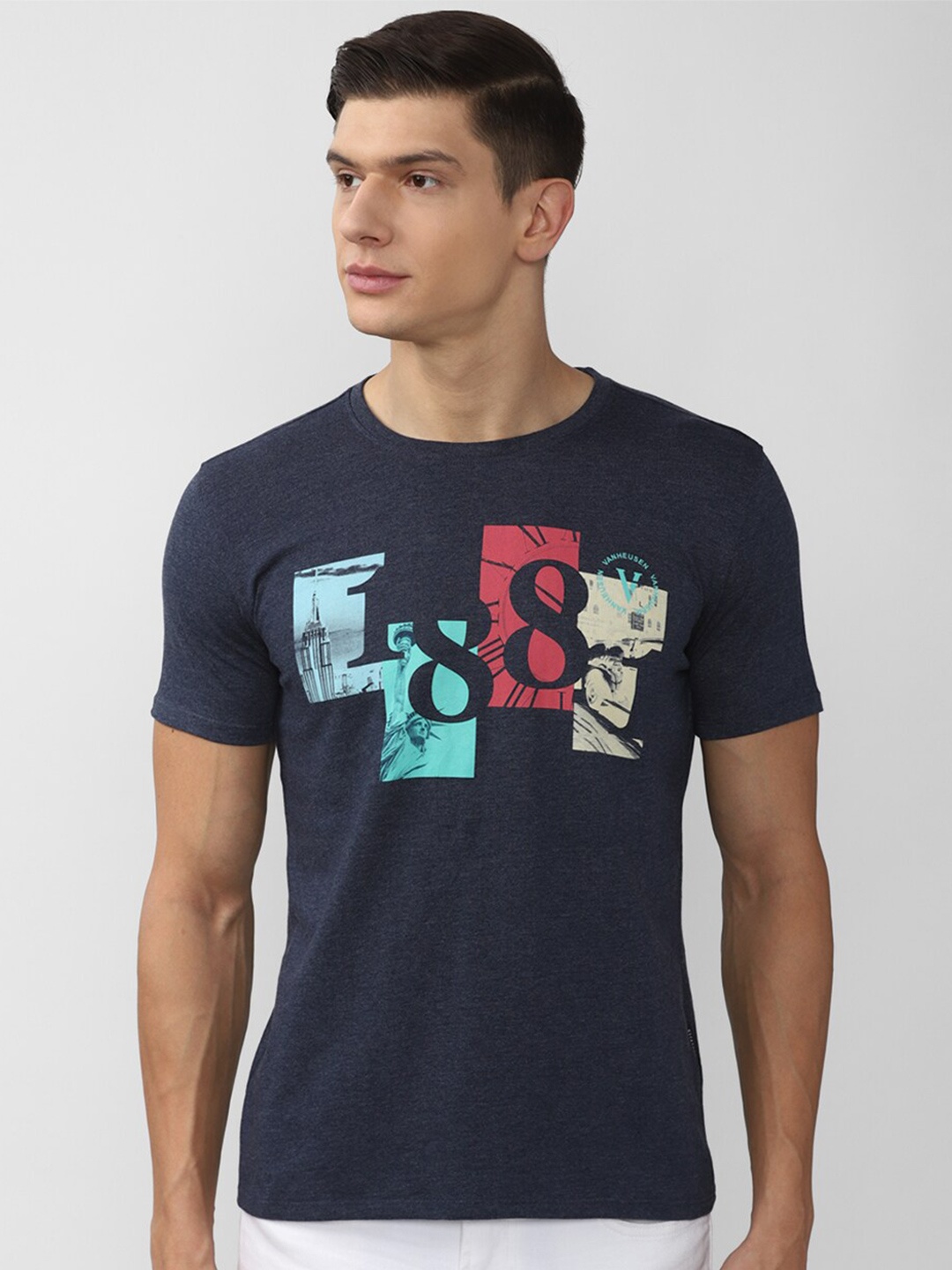 

V Dot Men Navy Blue Printed Slim Fit T-shirt