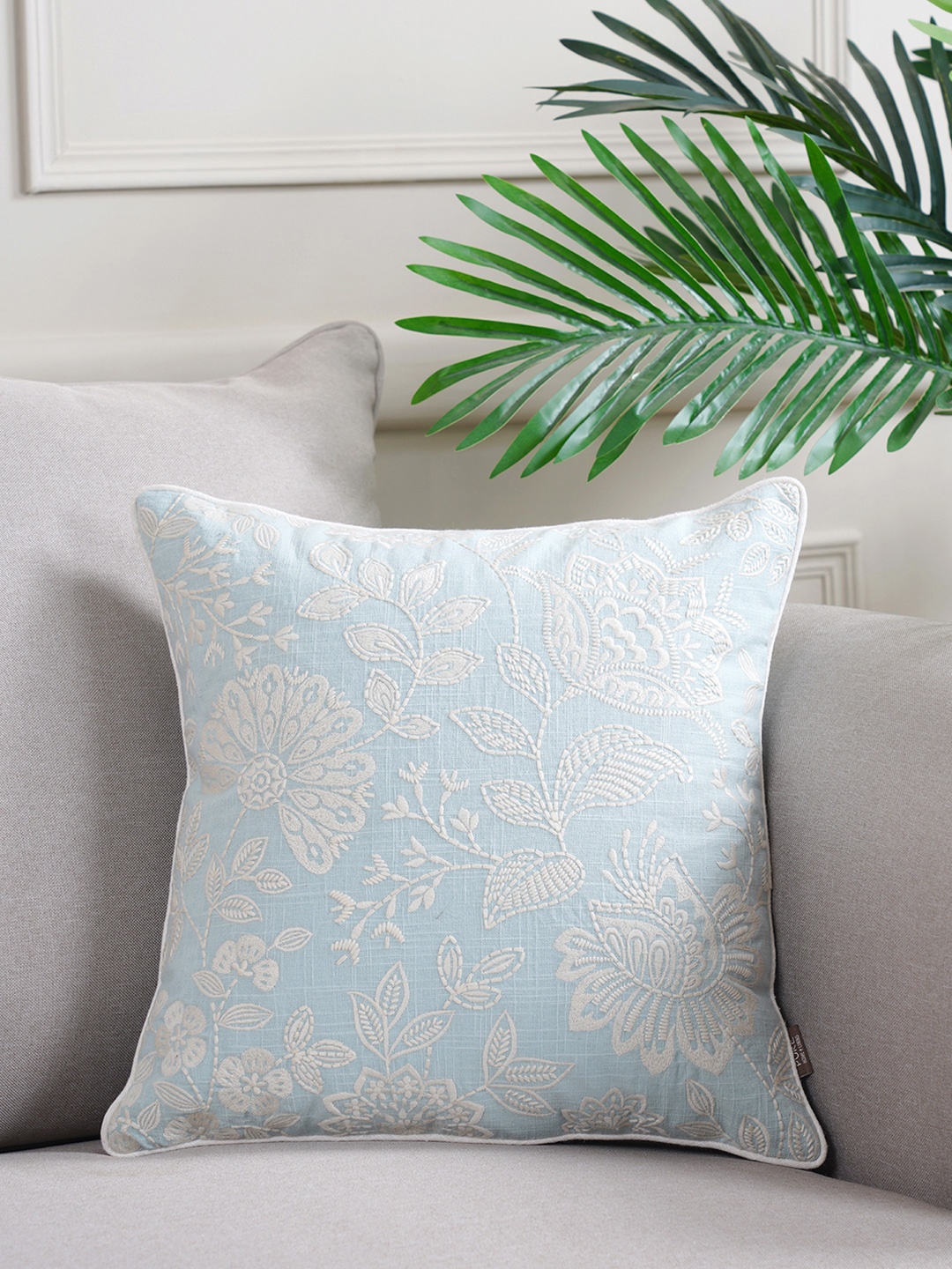 

Pure Home and Living Blue & Silver-Toned Floral Square Cushion Covers
