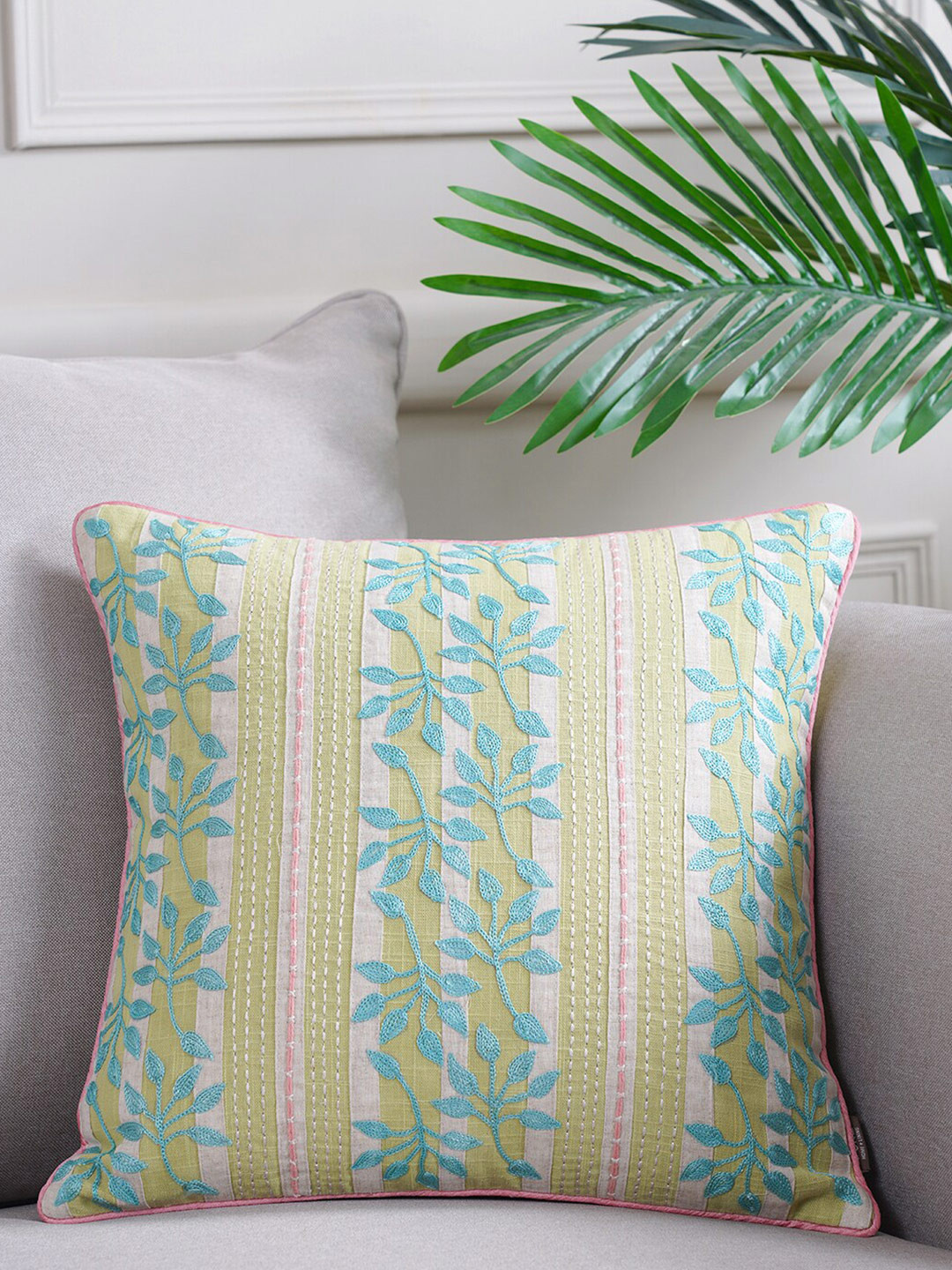 

Pure Home and Living Beige & Green Embroidered Square Cushion Covers