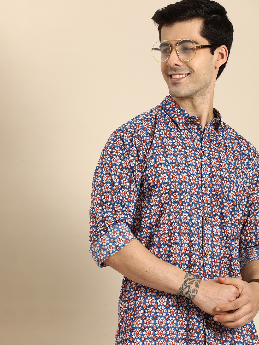

Anouk Men Blue & Rust Orange Floral Printed Pure Cotton Ethnic Shirt
