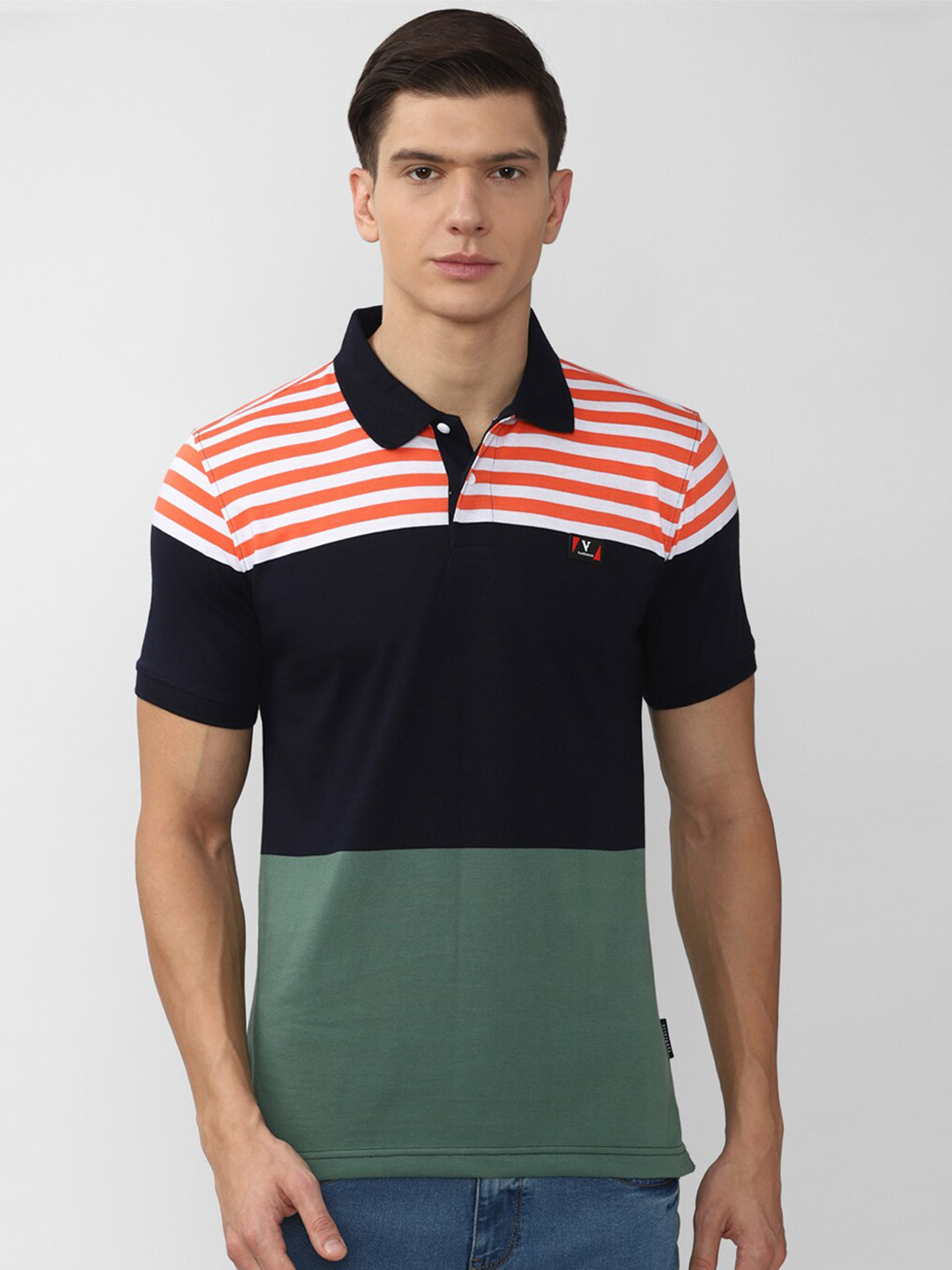 

Van Heusen Sport Men Black & Olive Green Colourblocked Polo Collar Pure Cotton T-shirt