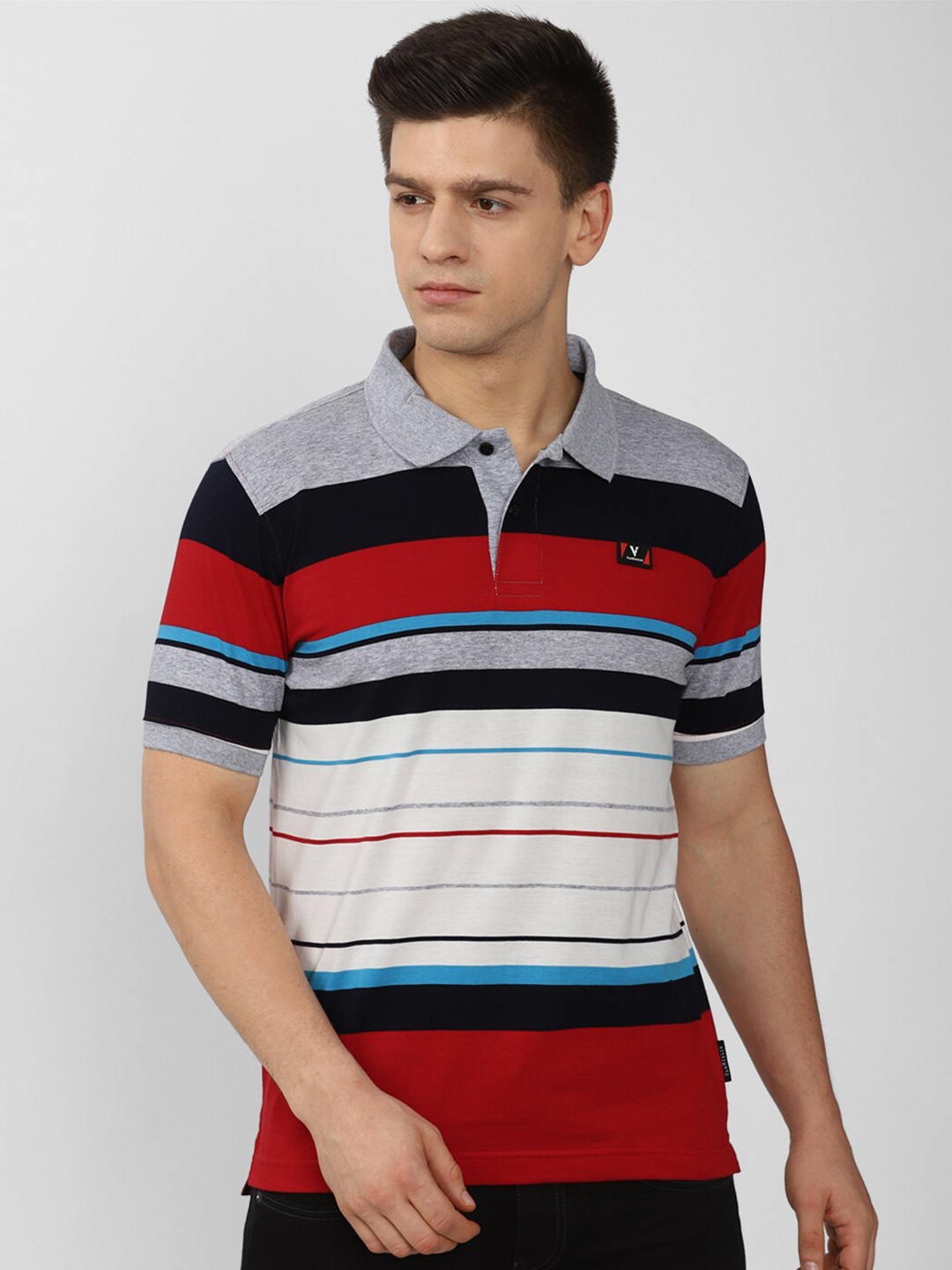 

Van Heusen Sport Men Red & White Striped Cotton Polo Collar T-shirt