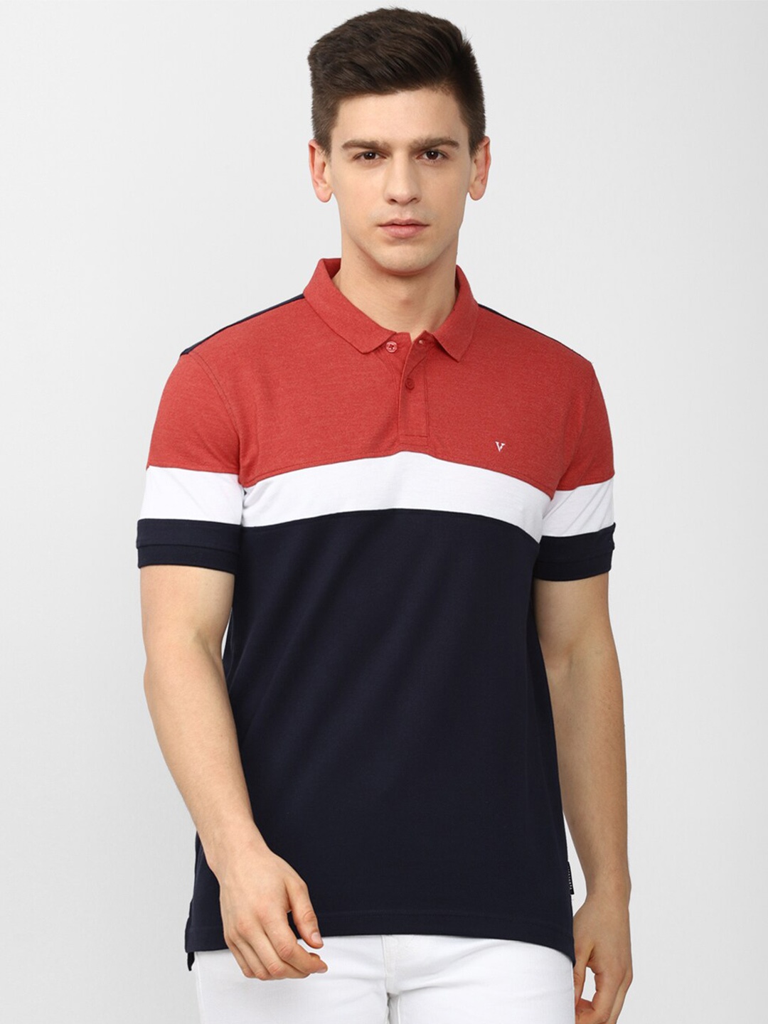 

Van Heusen Sport Men Navy Blue & Red Colourblocked Polo Collar T-shirt