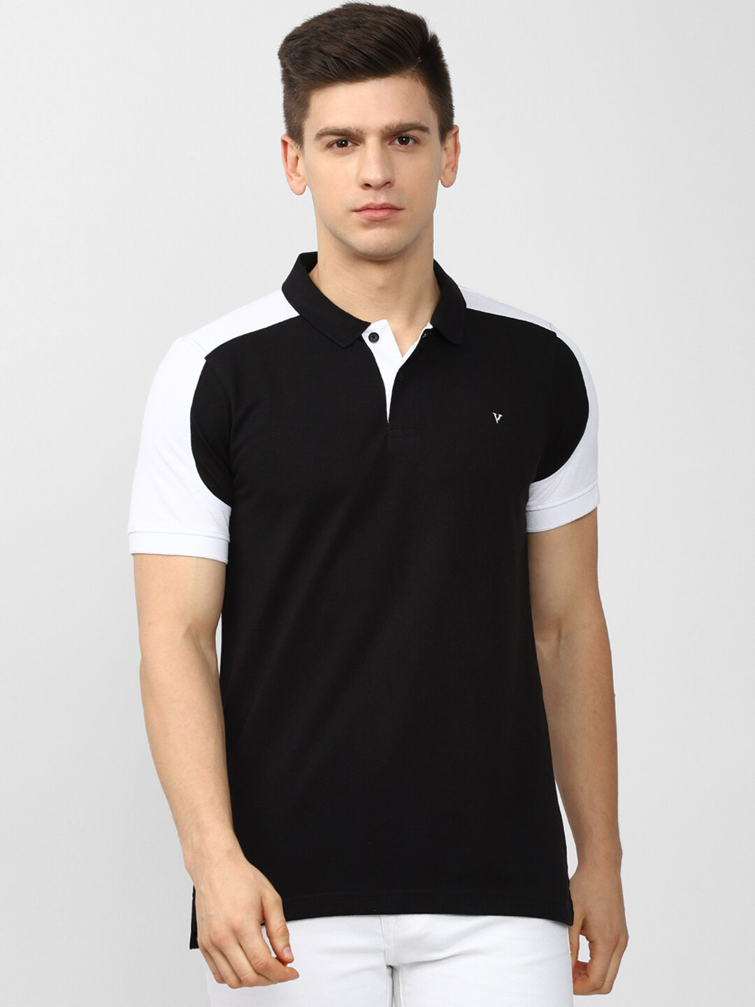 

Van Heusen Sport Men Black Colourblocked Cotton Polo Collar T-shirt