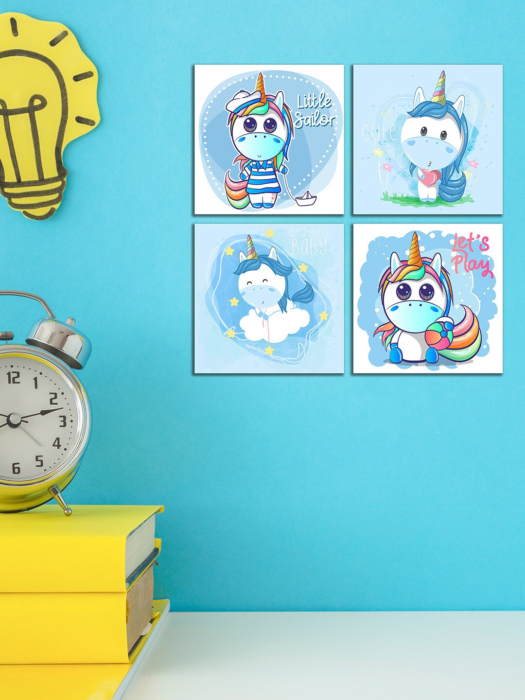

WENS Kids Set Of 4 Blue & White Cute Unicorn Printed Wall Arts