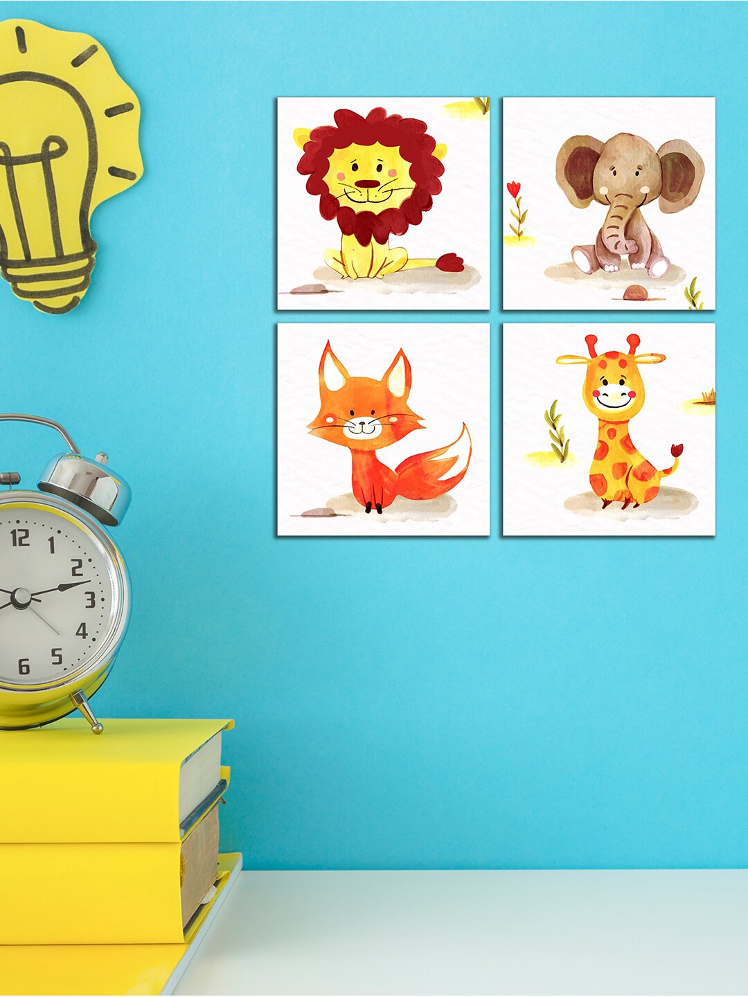 

WENS Kids Set Of 4 White & Yellow Cute Animal Printed Laminated Wall Art