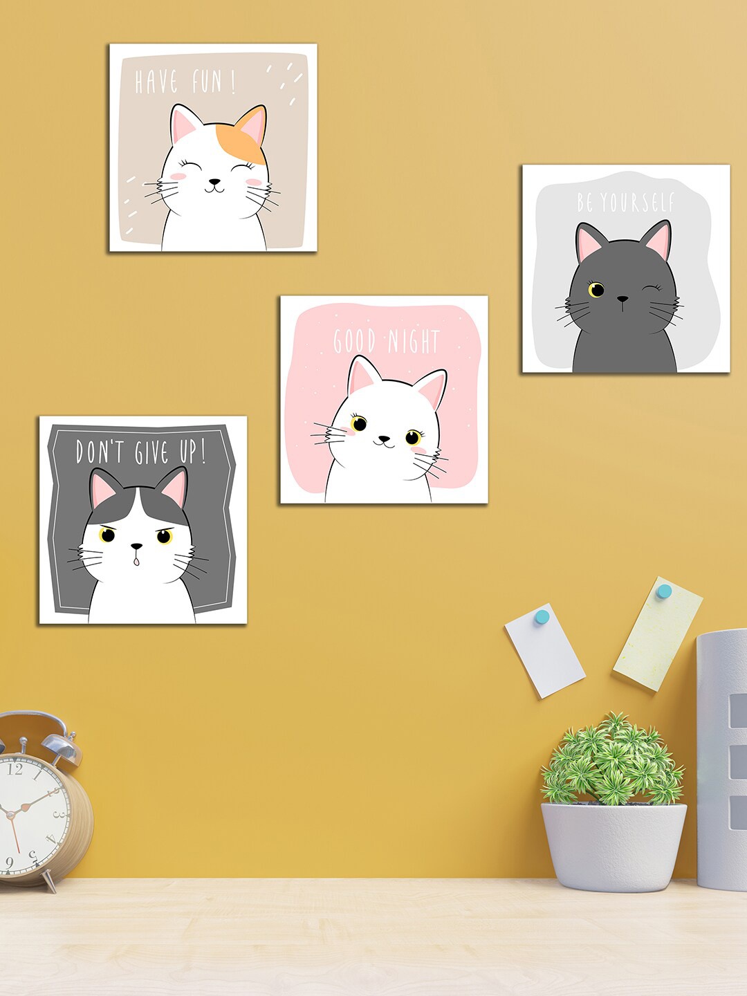 

WENS Set Of 4 White and Pink Cute Katty Laminated Wall Arts