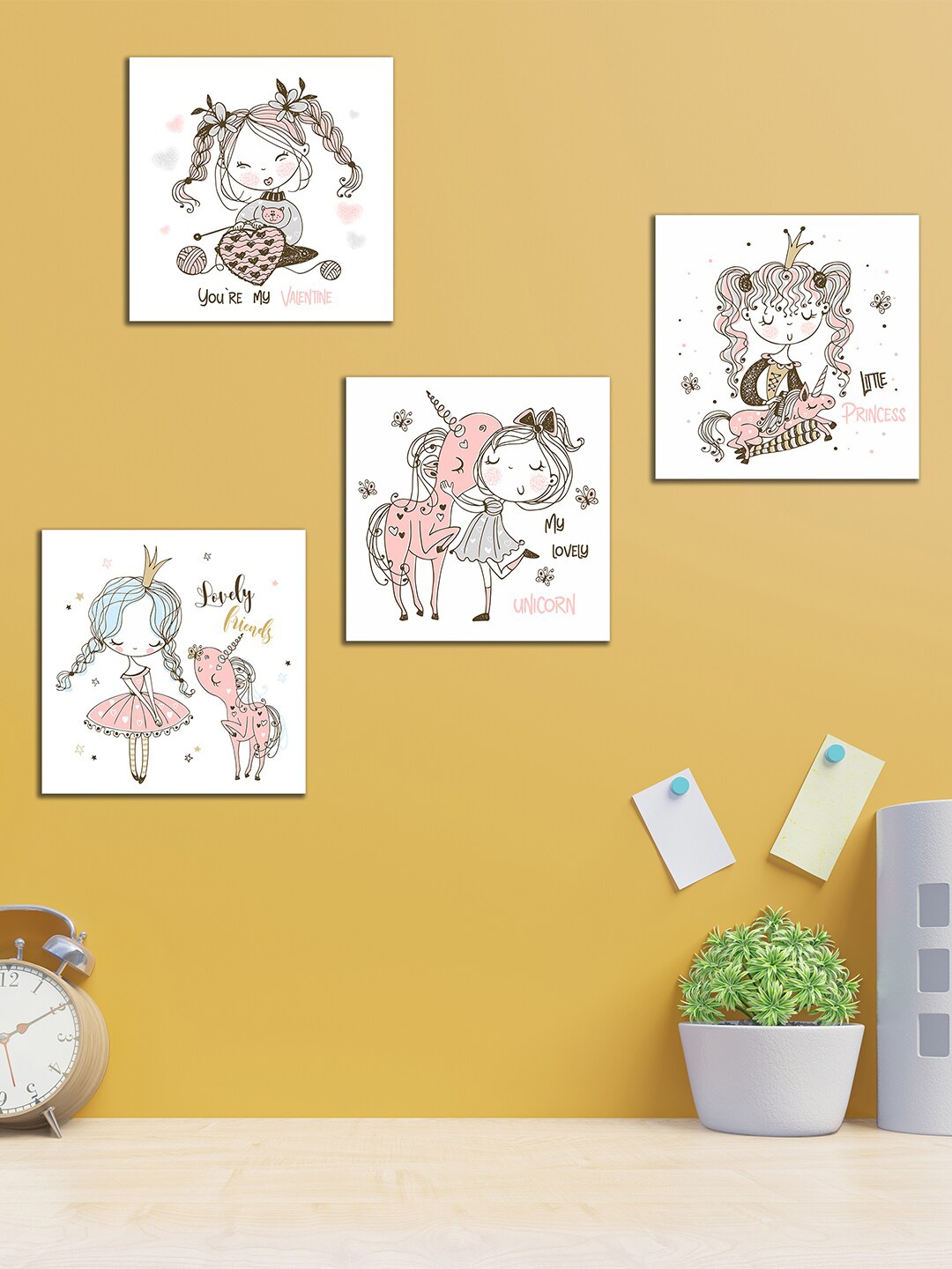 

WENS Set Of 4 White and pink Cute Unicorn Laminated Wall Arts