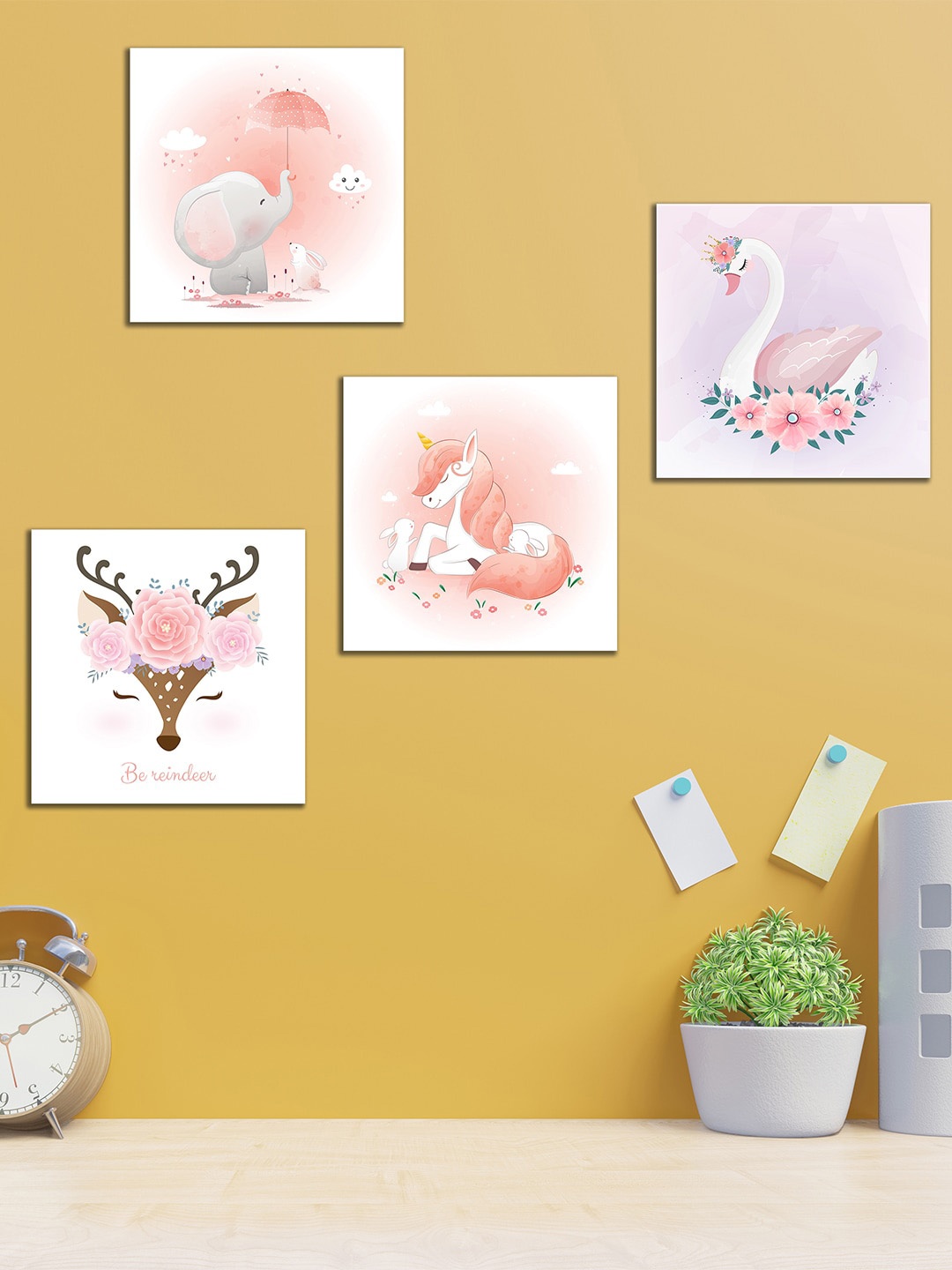 

WENS Set Of 4 White and Brown Cute Little Kingdom Wall Art Panels