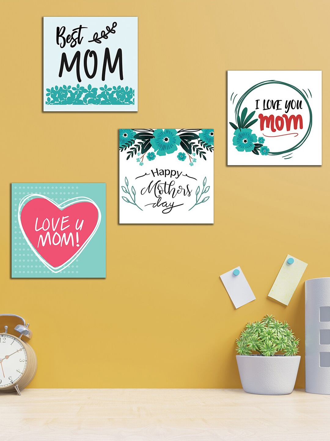 

WENS Set Of 4 White and Green Love You Mom Wall Art Panels