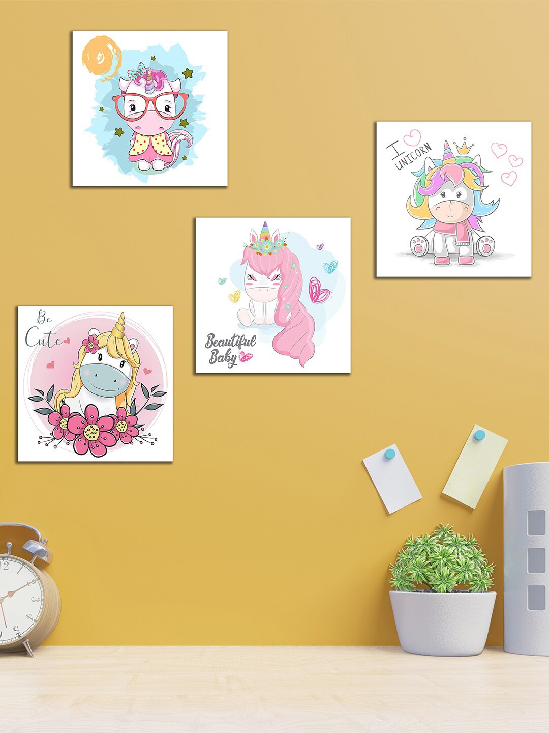 

WENS Set Of 4 White and Pink I Love Unicorn Wall Art Panels