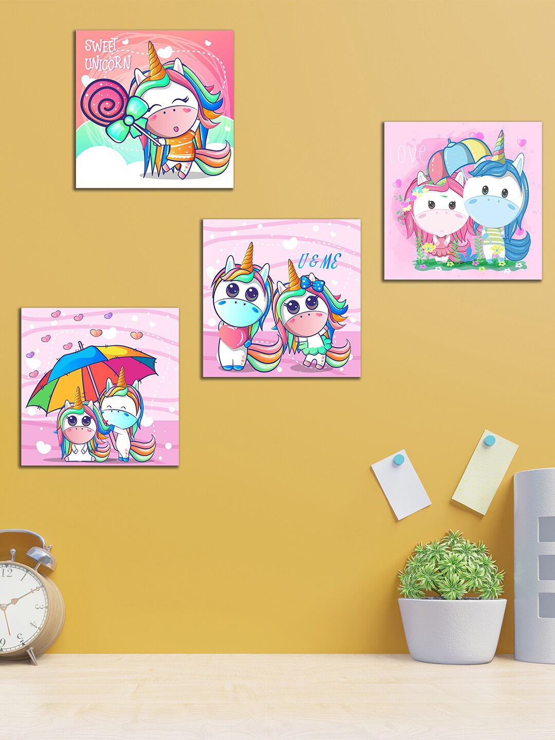 

WENS Set Of 4 White and Pink Cute Cartoon Unicorn Wall Art Panels