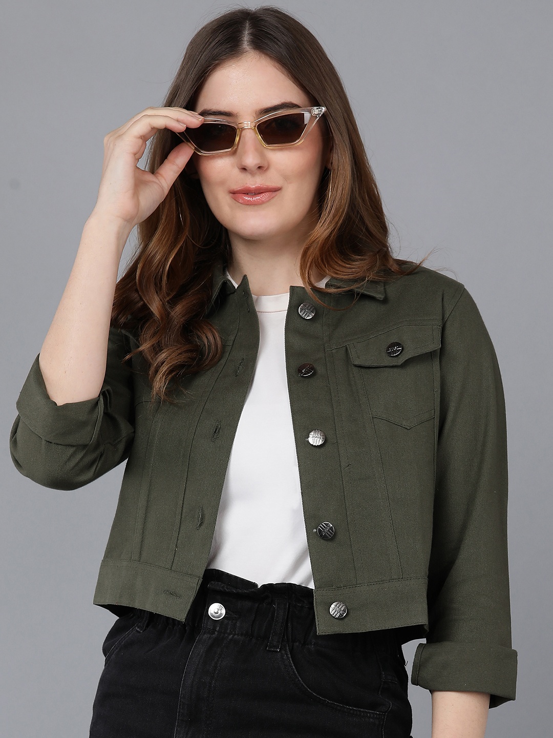 

MONTREZ Women Olive Green Crop Denim Jacket