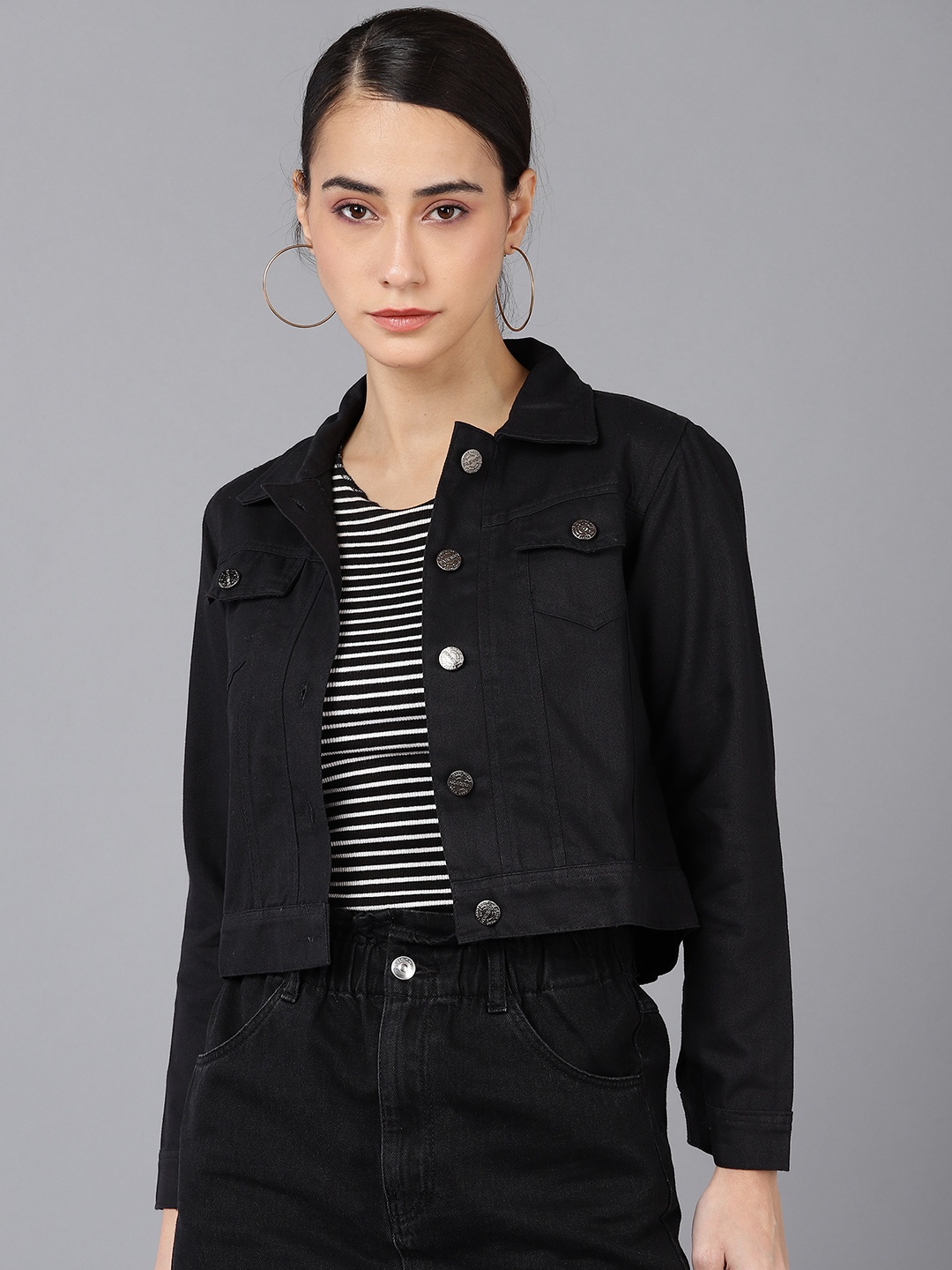

MONTREZ Women Black Crop Denim Jacket