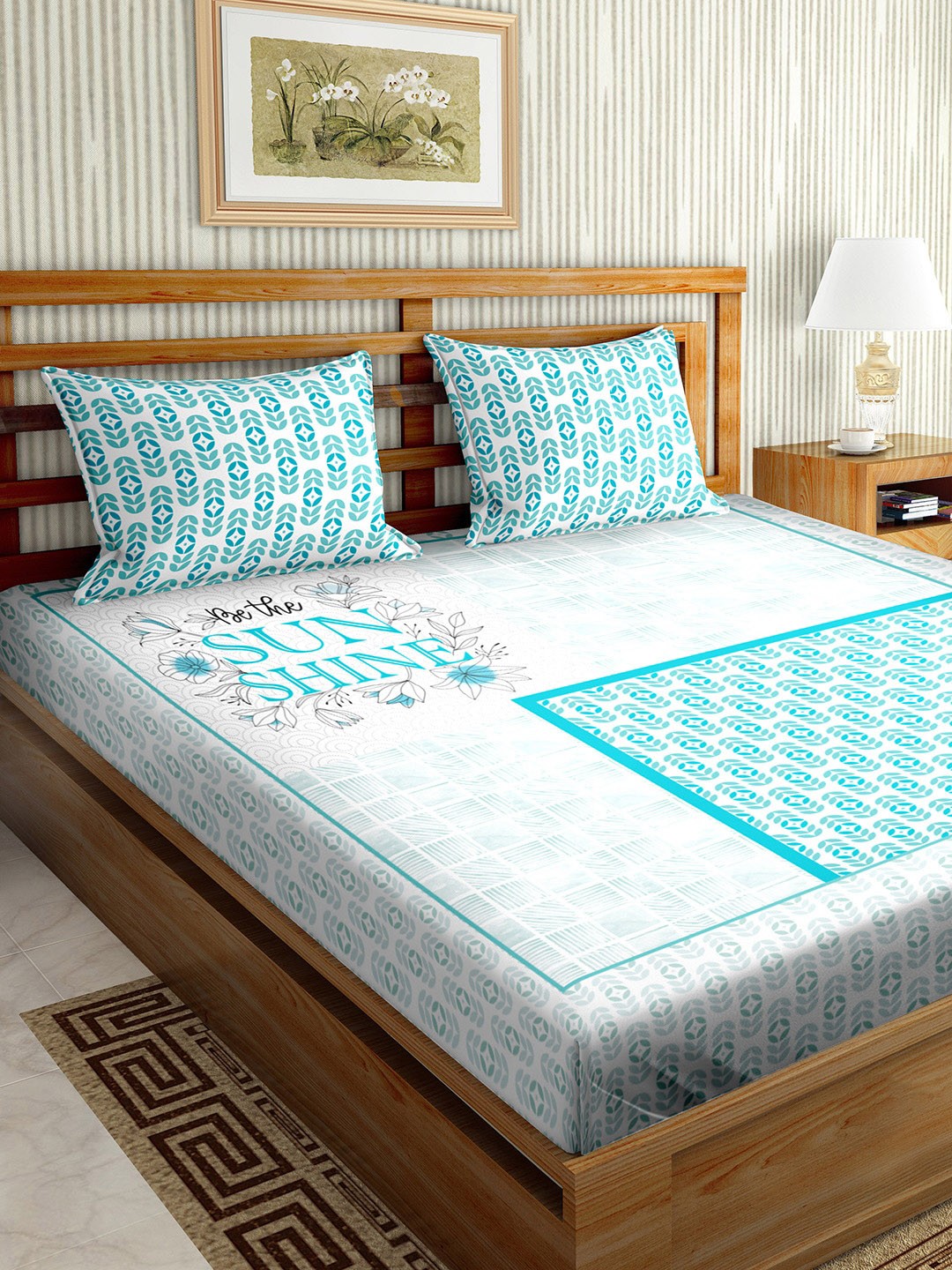 

BELLA CASA Sea Green & White 210 TC King Bedsheet with 2 Pillow Covers