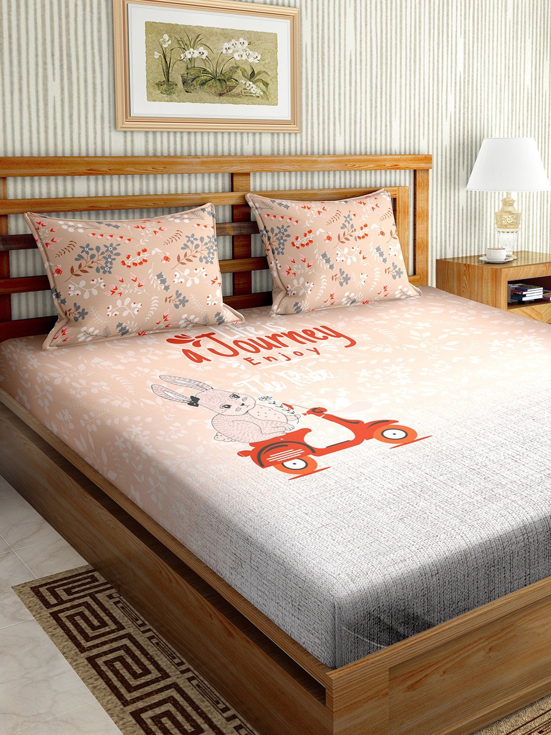 

BELLA CASA Peach-Coloured 210 TC King Bedsheet with 2 Pillow Covers