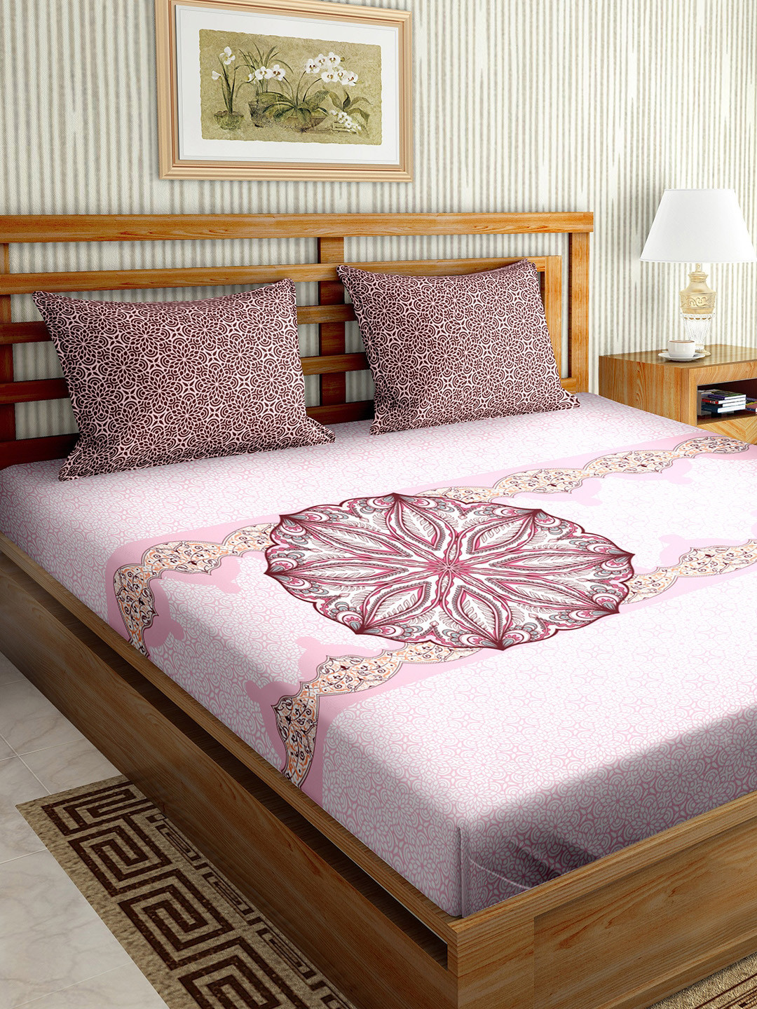

BELLA CASA Pink & Taupe Floral 200 TC King Bedsheet with 2 Pillow Covers