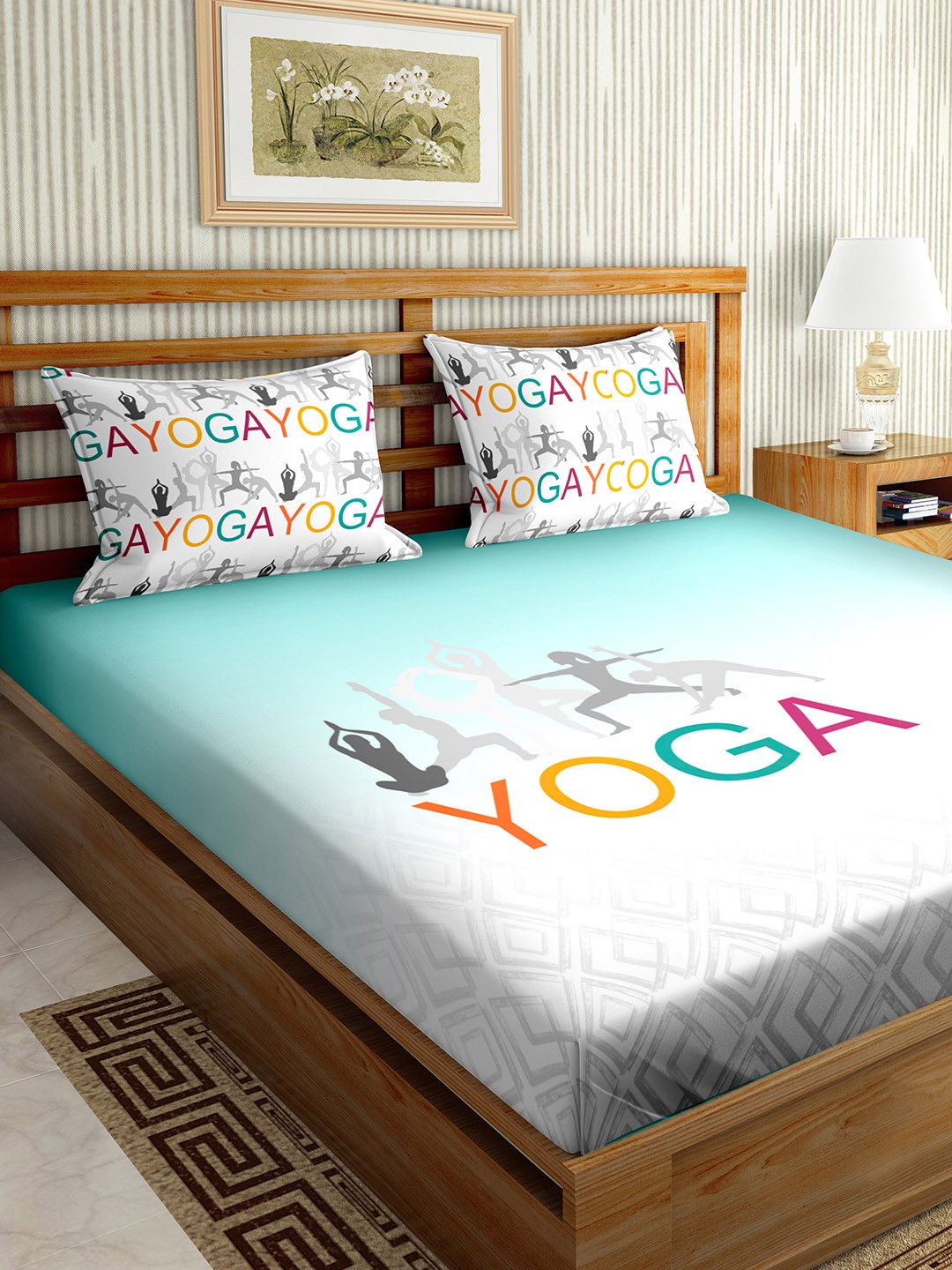 

BELLA CASA Sea Green & White Typography 210 TC King Bedsheet with 2 Pillow Covers