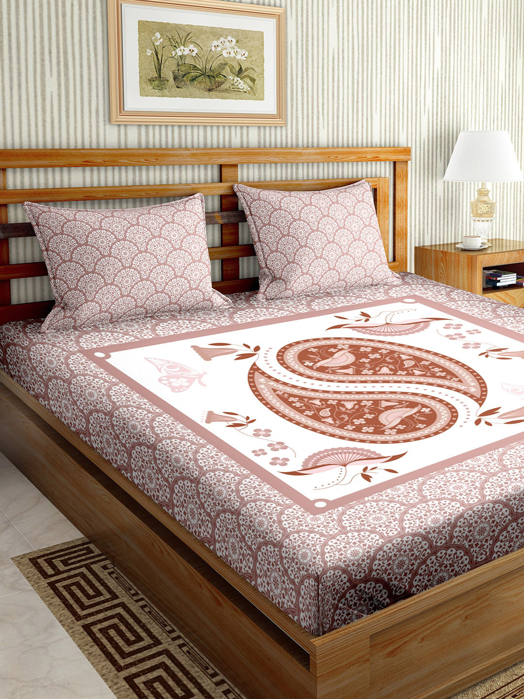 

BELLA CASA Brown & White Ethnic Motifs 210 TC King Bedsheet with 2 Pillow Covers