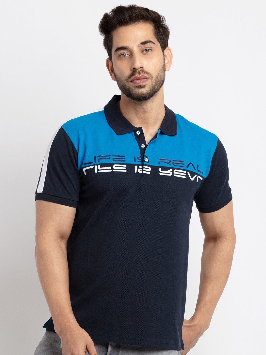 

Status Quo Men Navy Blue Colourblocked Cotton Polo Collar T-shirt