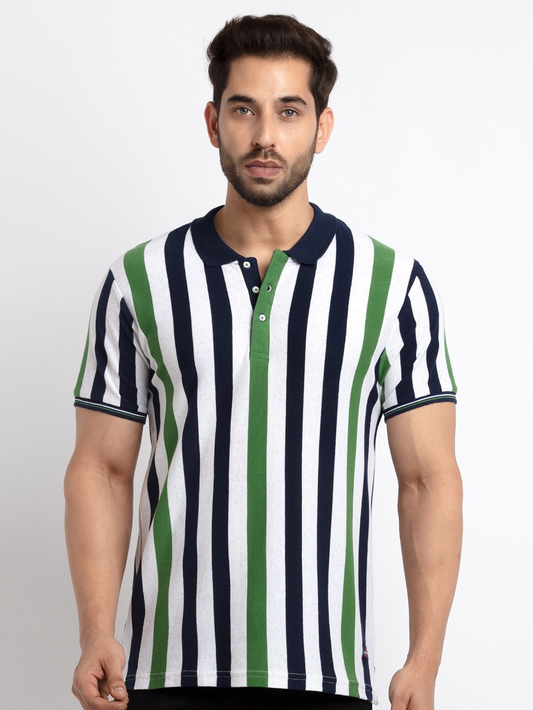 

Status Quo Men Green & White Striped Polo Collar T-shirt