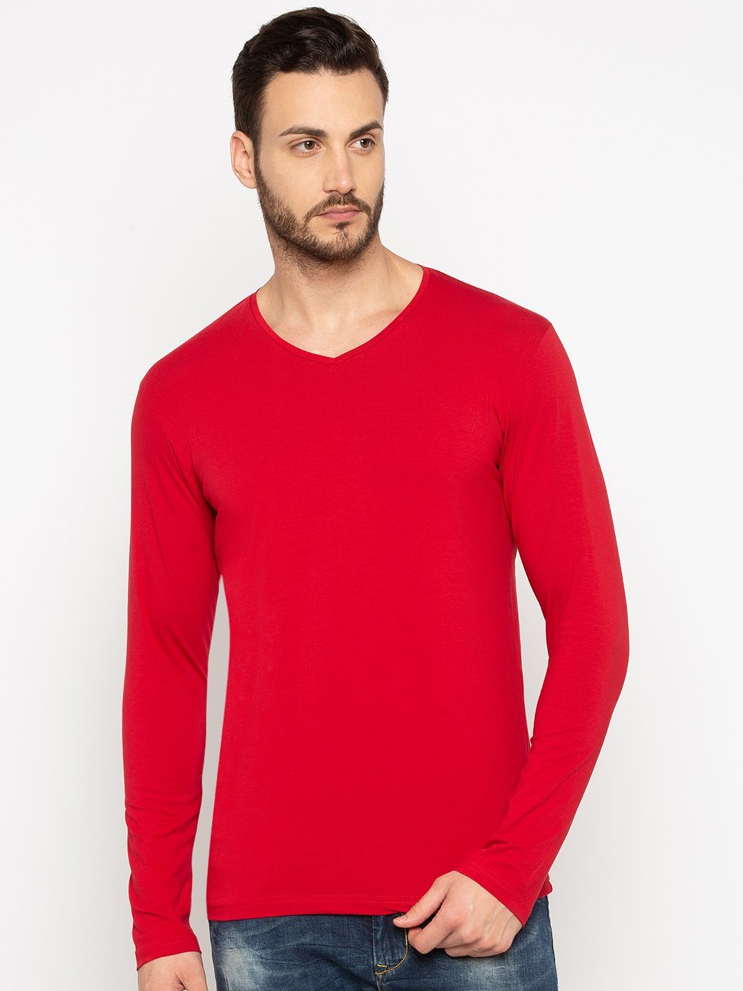 

Status Quo Men Red Solid V-Neck Cotton T-shirt