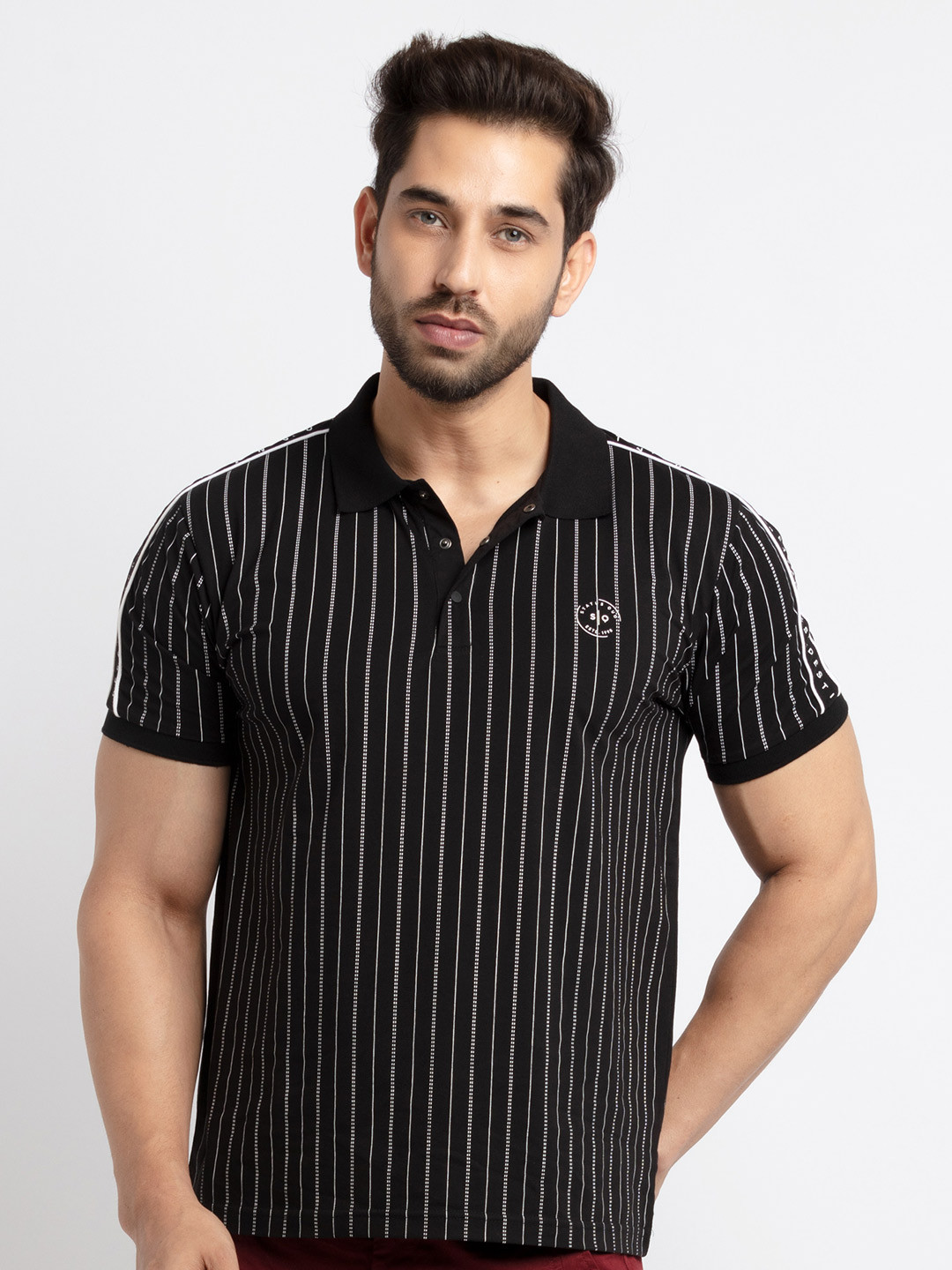 

Status Quo Men Black Striped Polo Collar T-shirt