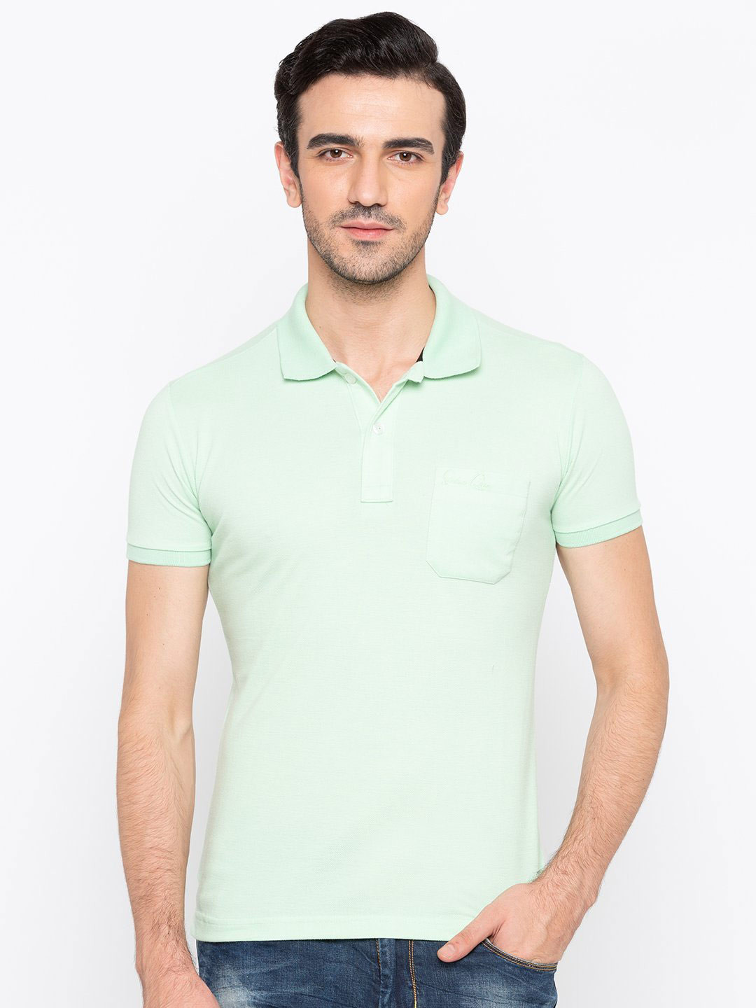 

Status Quo Men Sea Green Solid Cotton Polo Collar T-shirt
