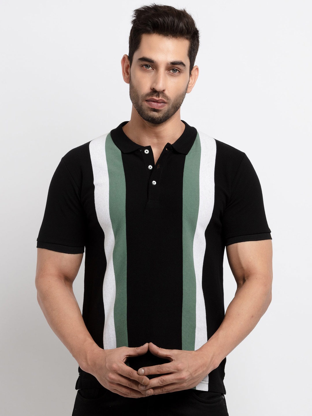 

Status Quo Men Black & White Striped Polo Collar T-shirt