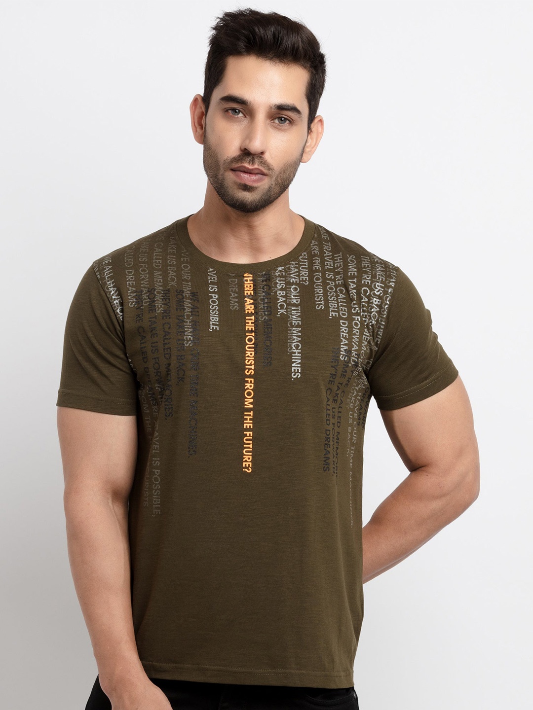 

Status Quo Men Olive Green Typography Printed T-shirt