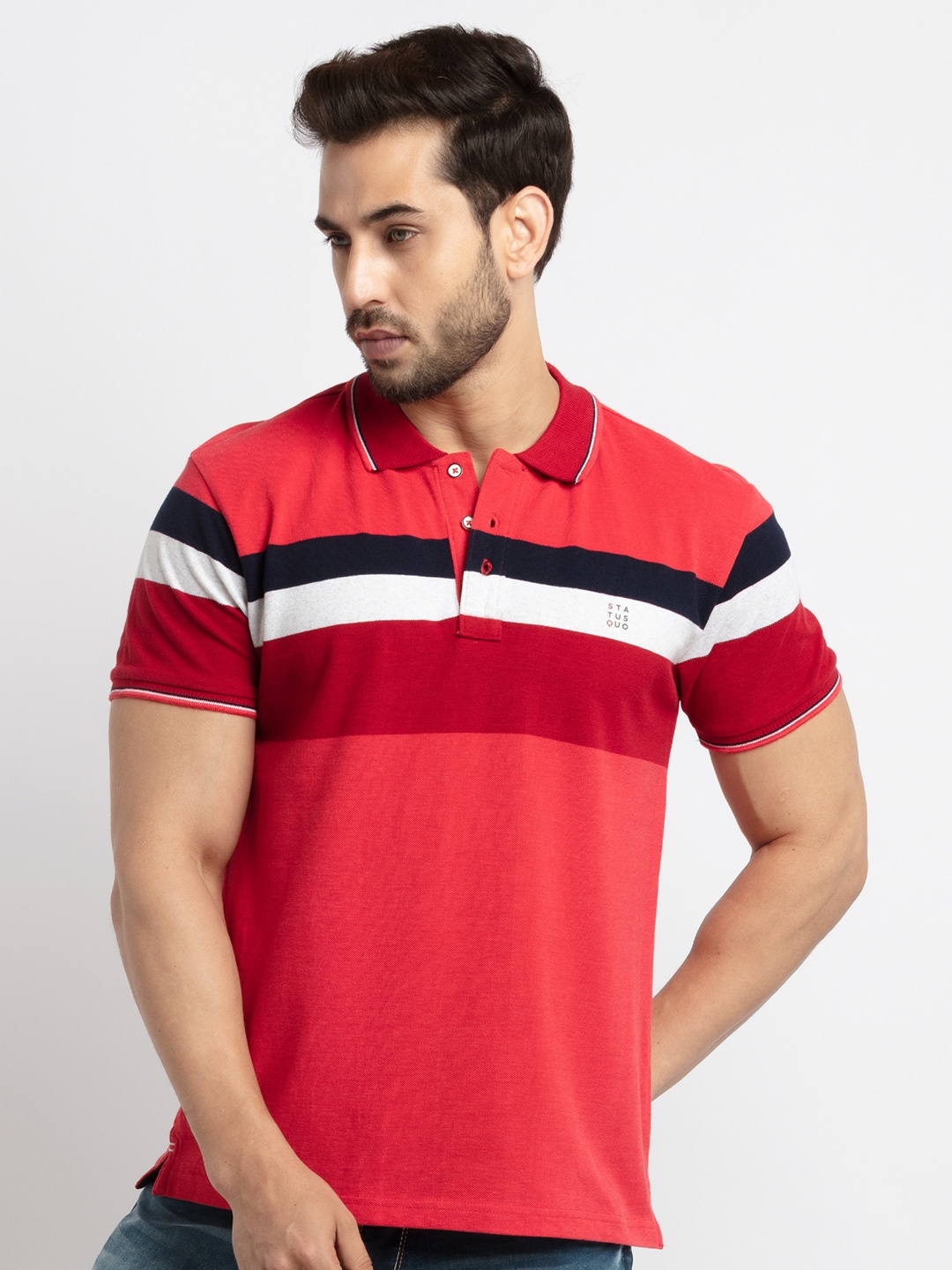 

Status Quo Men Red Striped Cotton Polo Collar T-shirt