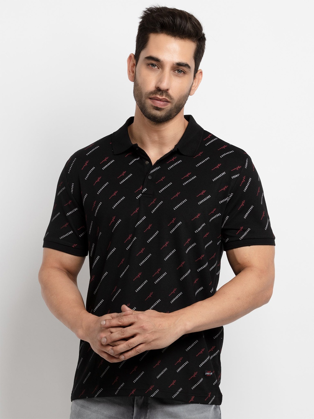 

Status Quo Men Black Typography Printed Polo Collar T-shirt