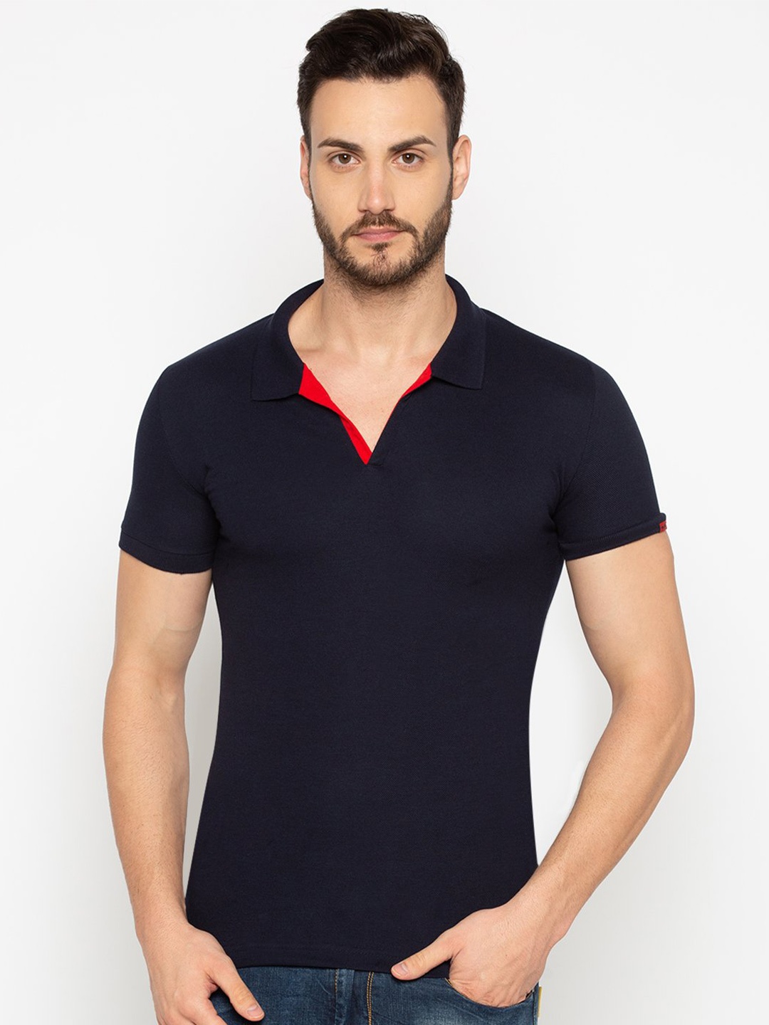 

Status Quo Men Navy Blue Polo Collar T-shirt