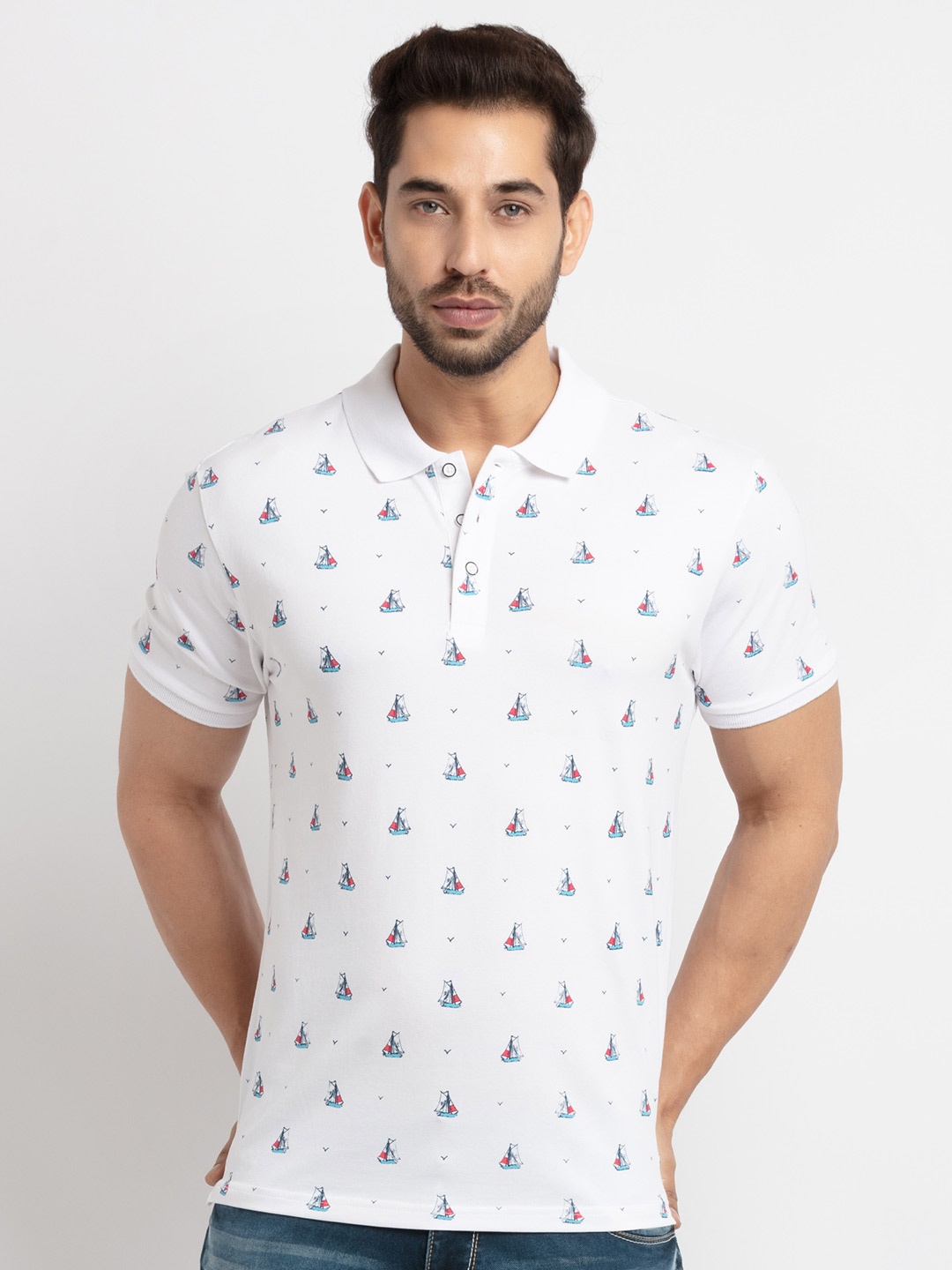 

Status Quo Men White Printed Polo Collar T-shirt
