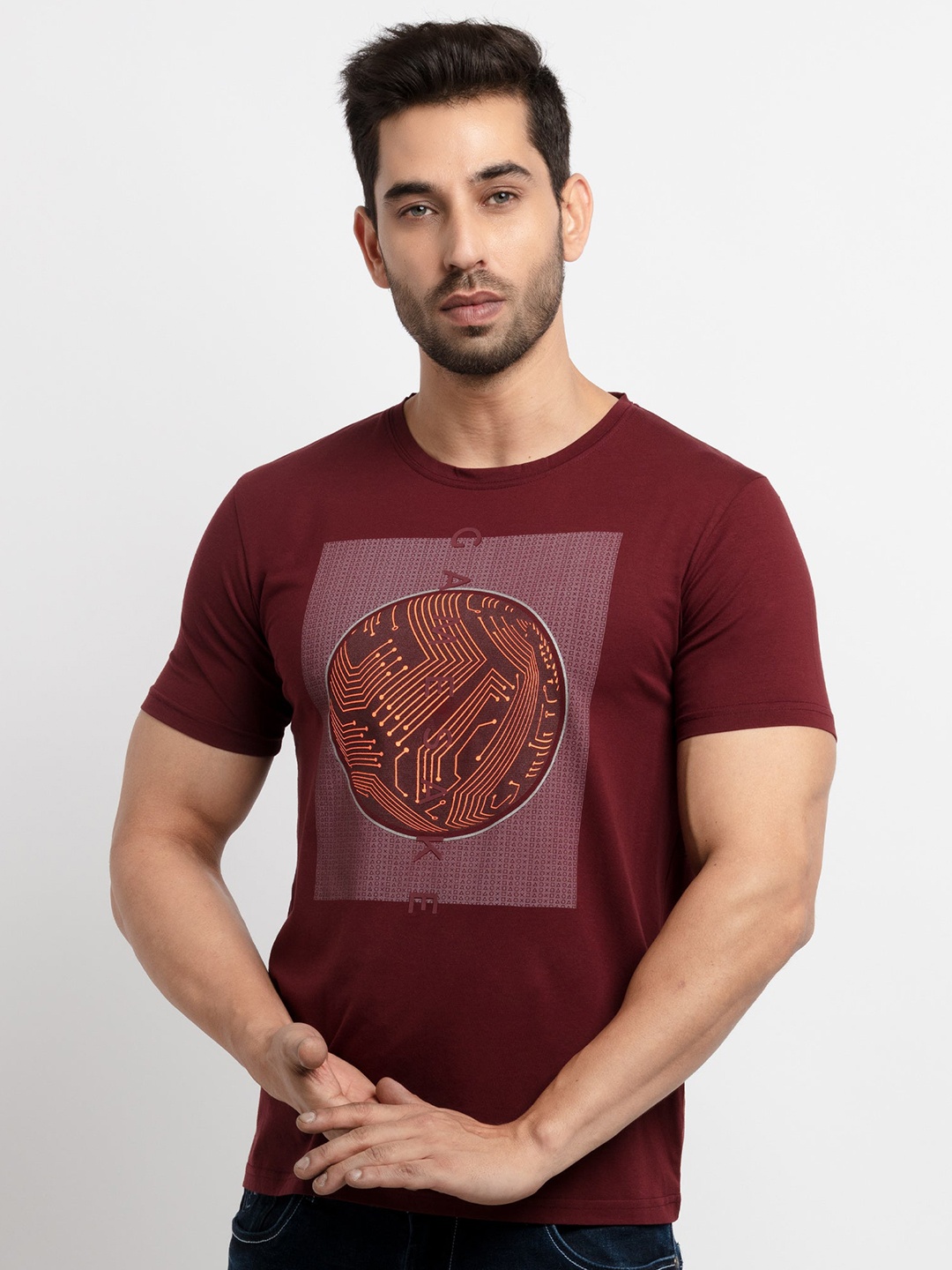 

Status Quo Men Maroon Printed Cotton T-shirt