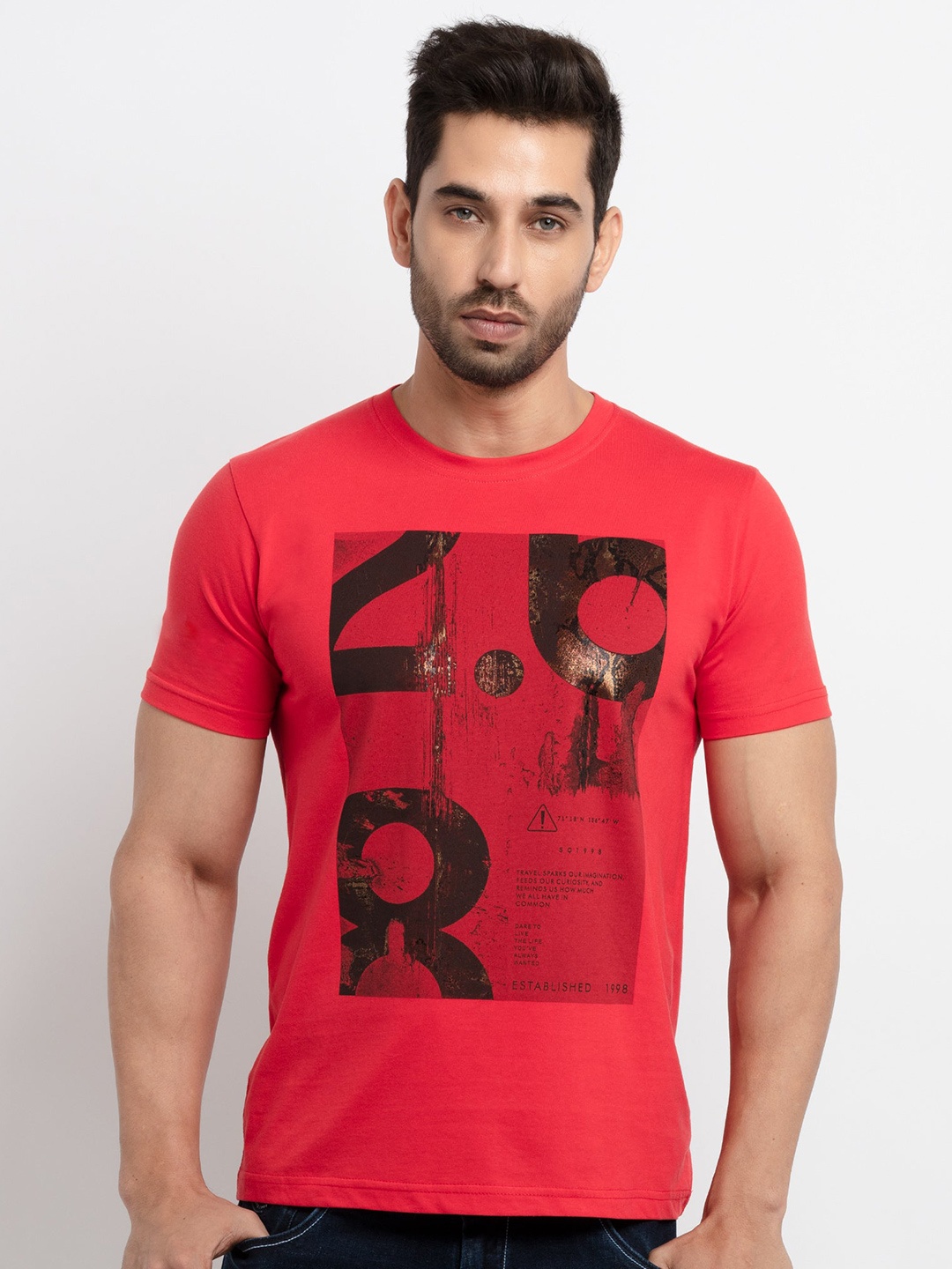 

Status Quo Men Coral Typography Printed T-shirt