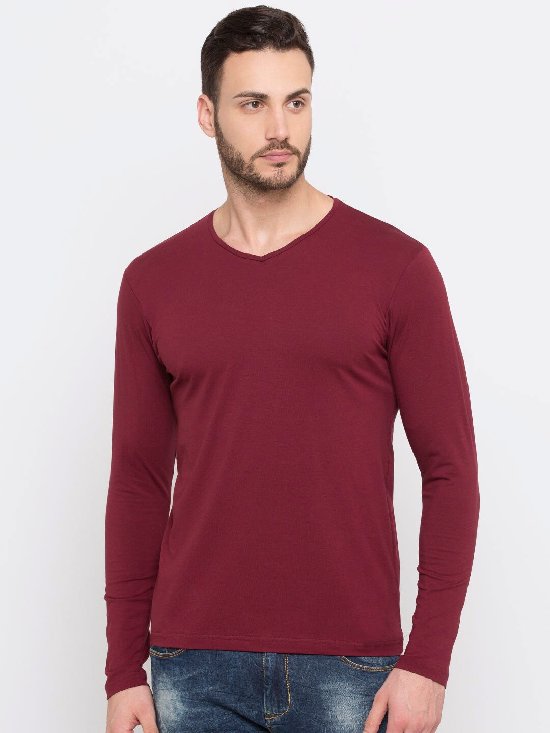 

Status Quo Men Maroon Solid Cotton V-Neck T-shirt