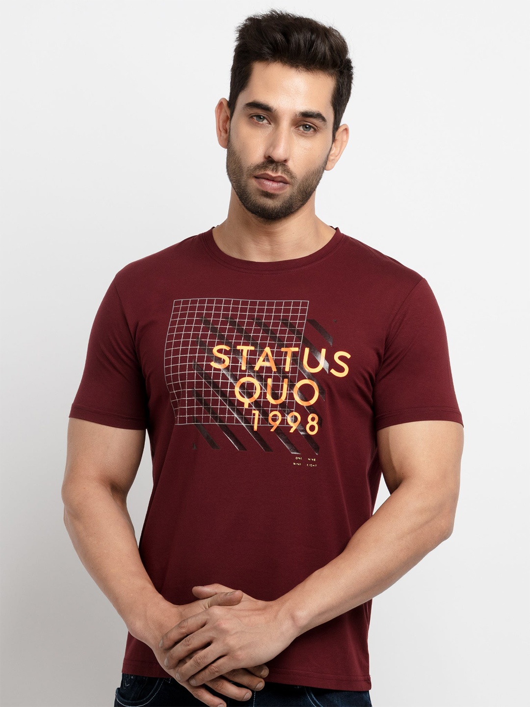 

Status Quo Men Maroon Typography Printed T-shirt