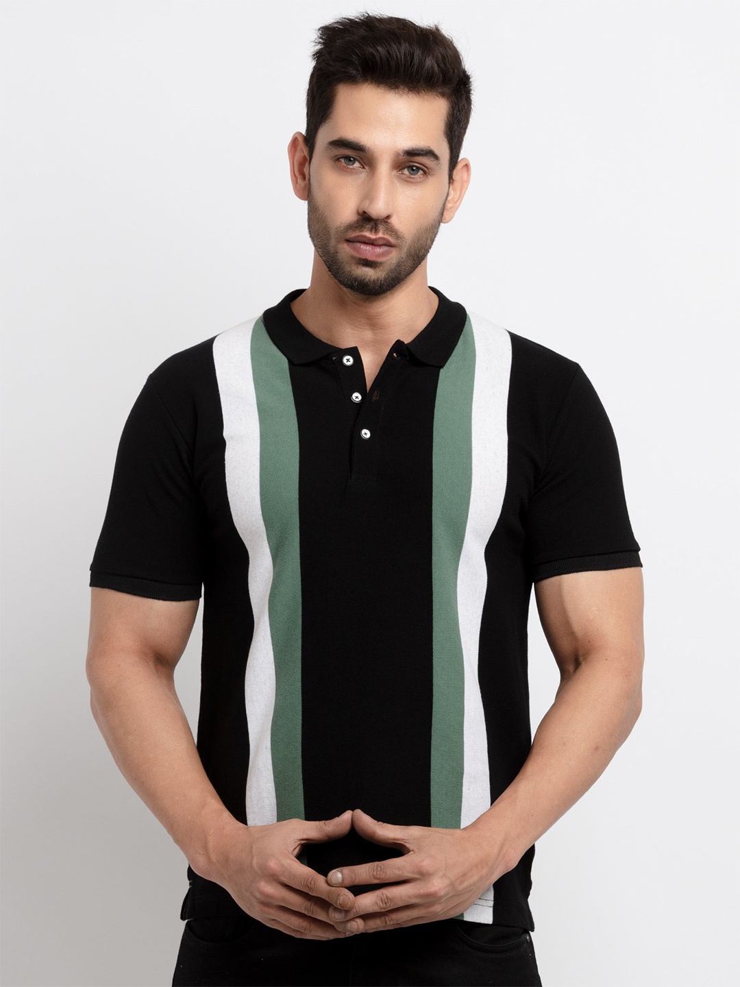 

Status Quo Men Black & White Striped Cotton Polo Collar T-shirt