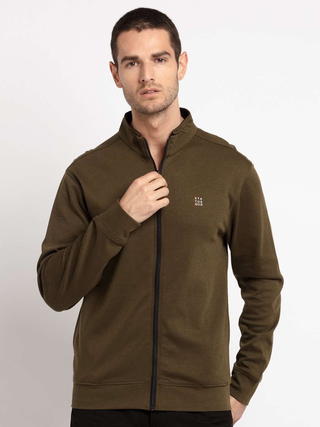 

Status Quo Men Olive Green Front-Open Sweatshirt