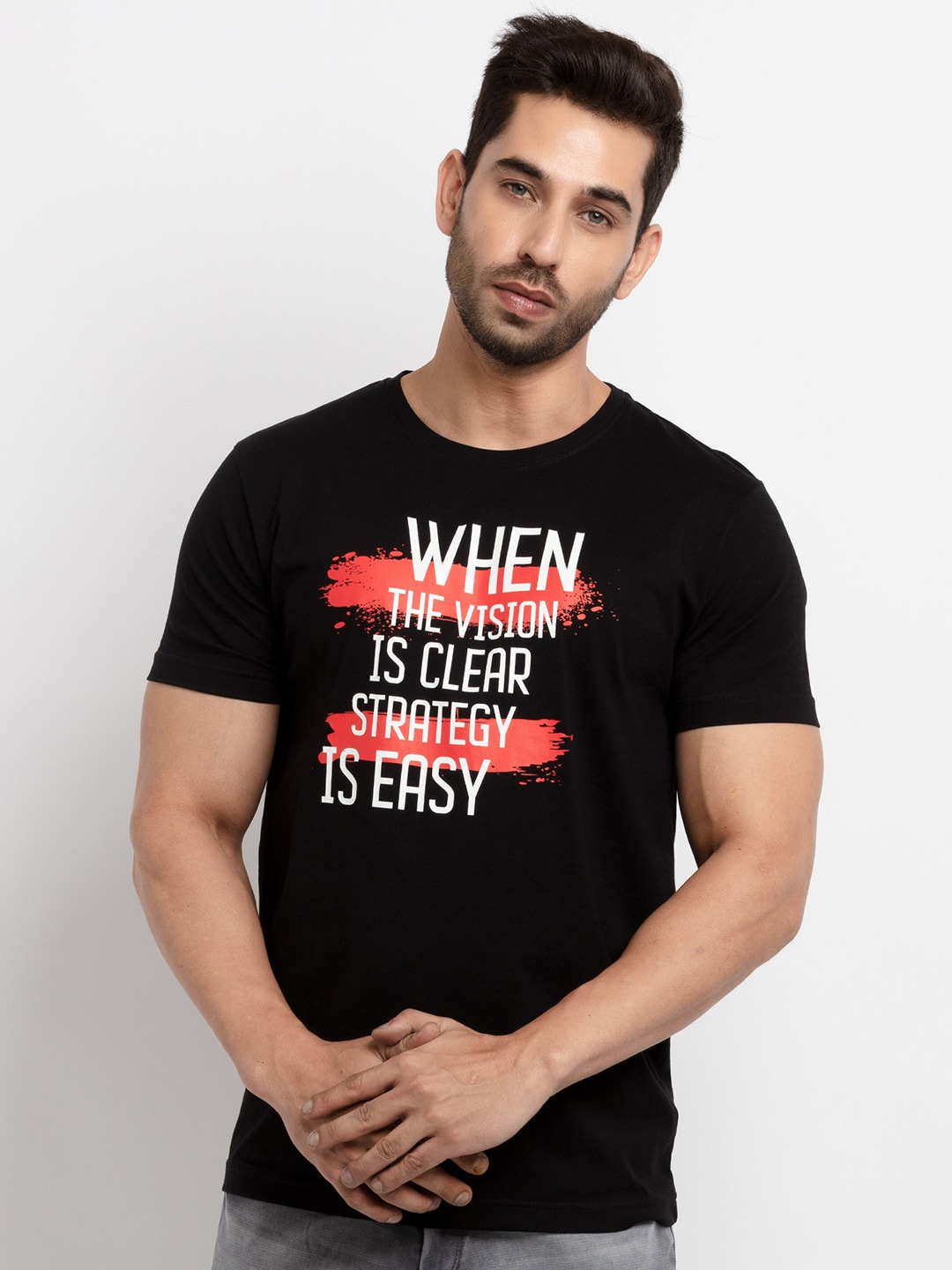 

Status Quo Men Black Striped Cotton T-shirt