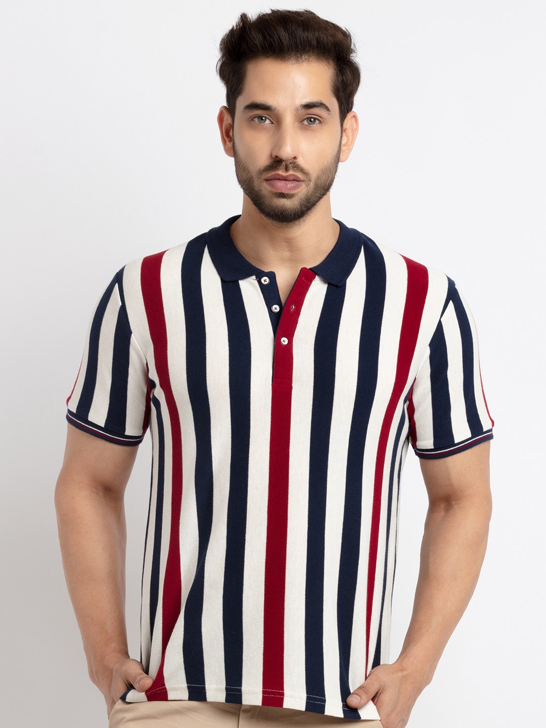 

Status Quo Men White & Maroon Striped Cotton Polo Collar T-shirt