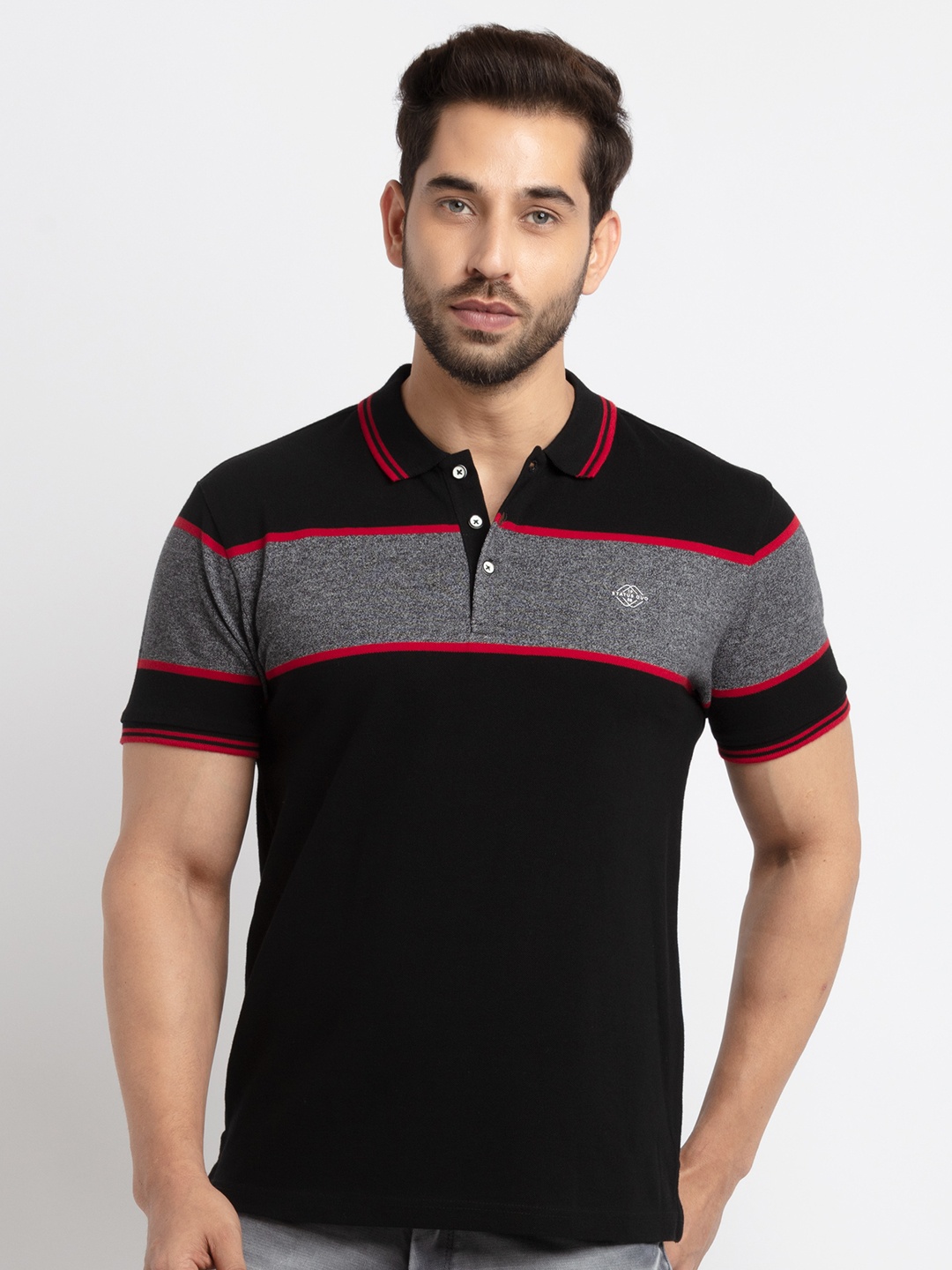 

Status Quo Men Black & Grey Colourblocked Polo Collar T-shirt