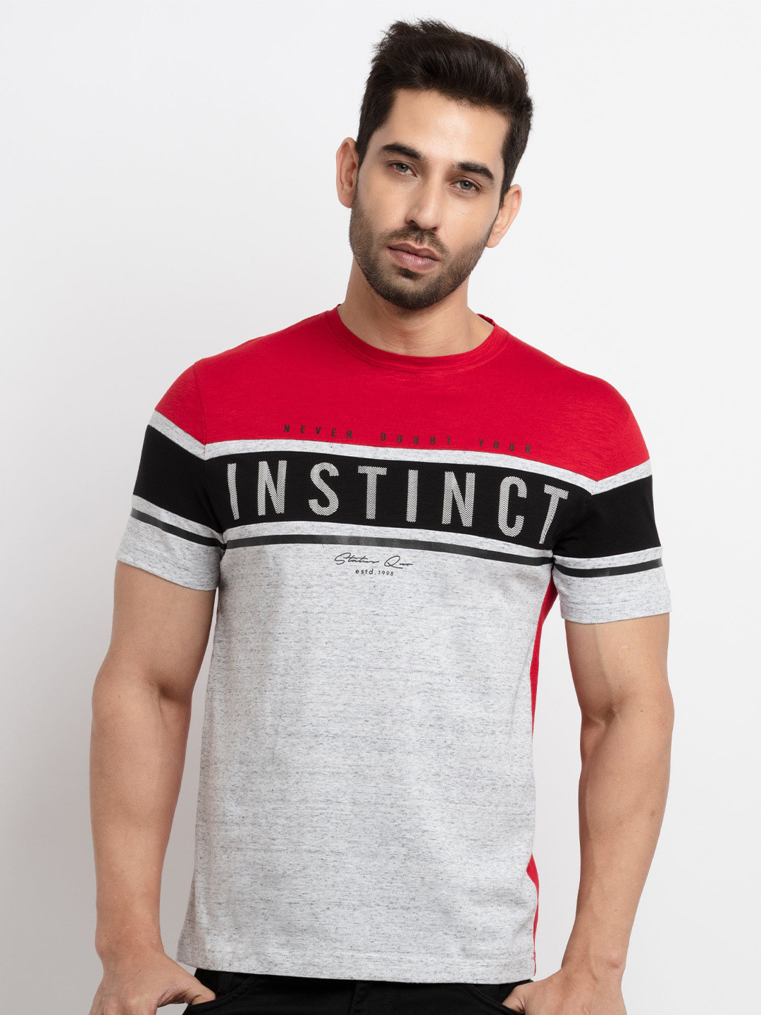 

Status Quo Men Grey Melange & Red Colourblocked T-shirt